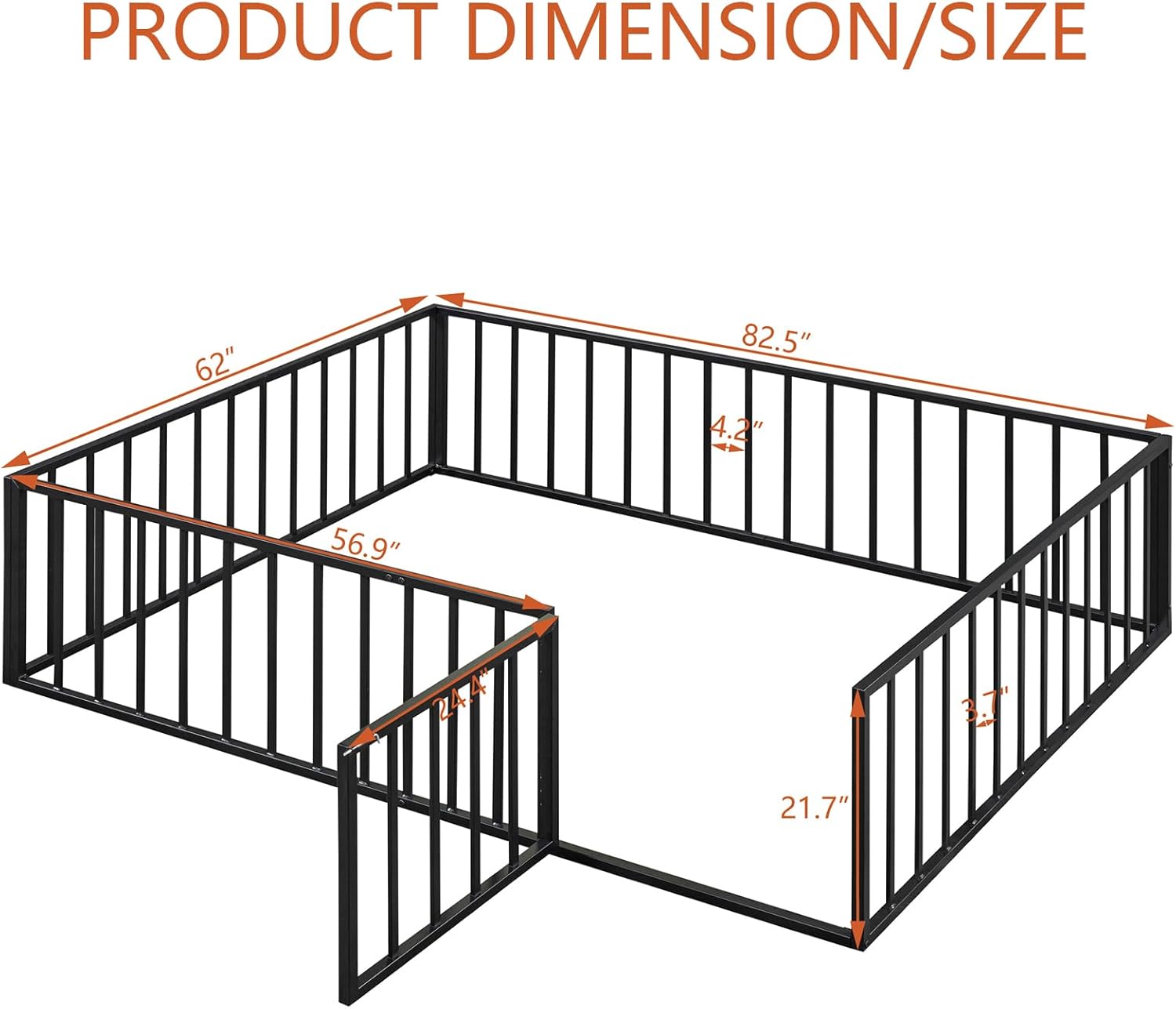 Cama de suelo de metal Queen, marco de metal resistente con valla y puerta, ideal para transición Montessori