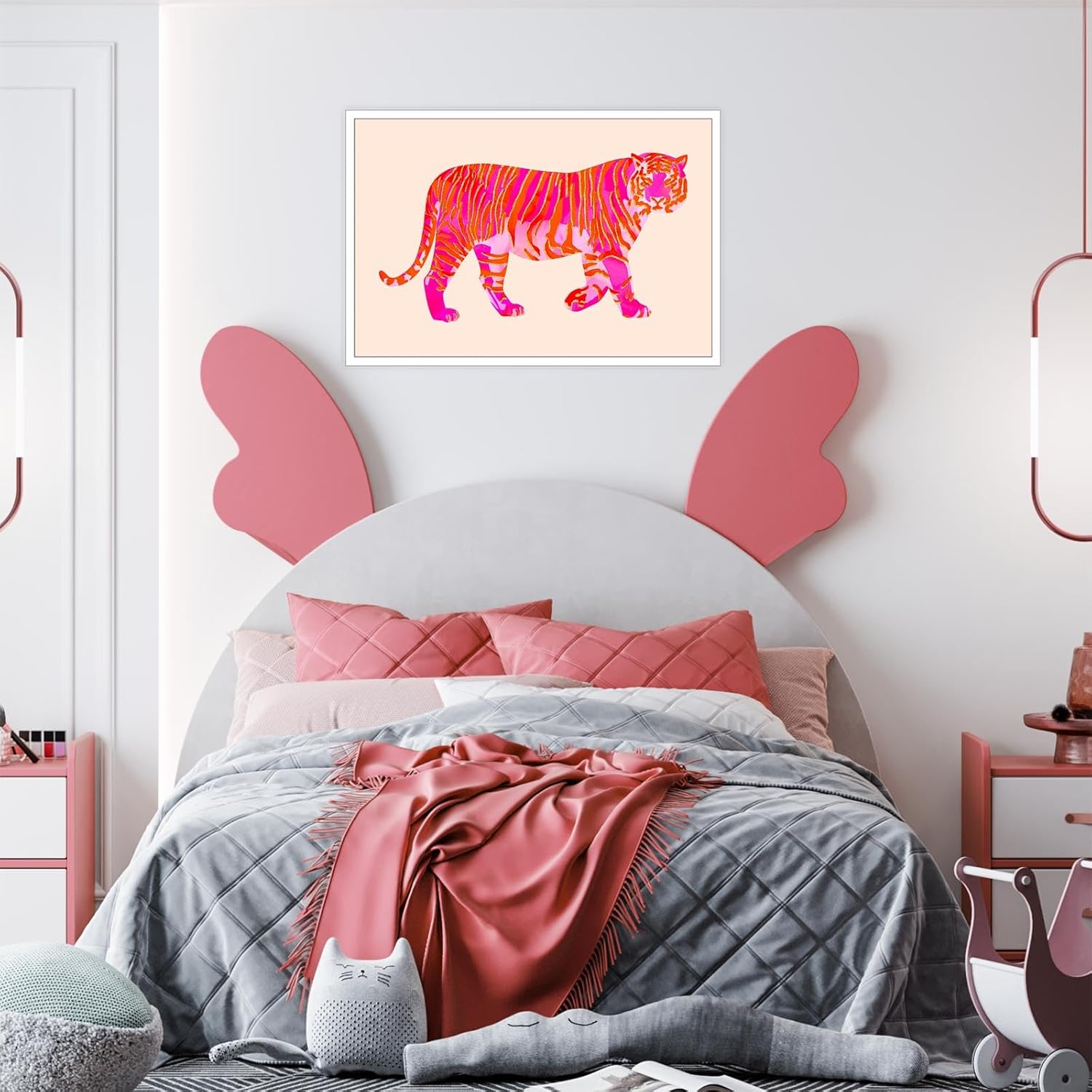 BNGFDV Lienzo de tigre rosa y naranja funky para pared, póster moderno de animales preparados para dormitorio de niñas, dormitorio universitario,