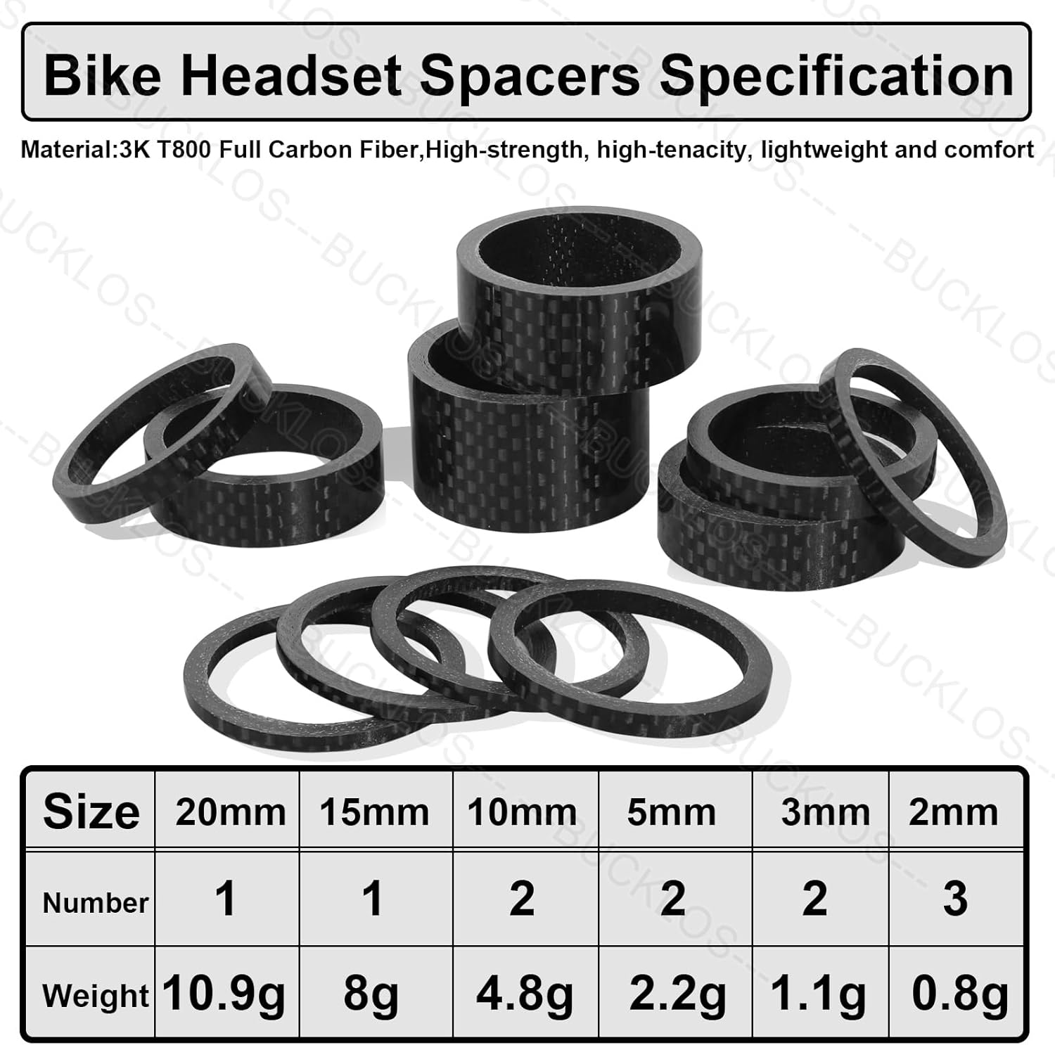 BUCKLOS 11 piezas de aleación de aluminiofibra de carbono 20 15 10 5 3 0.079 in para bicicleta, 1-18 pulgadas manillar horquilla espaciadores