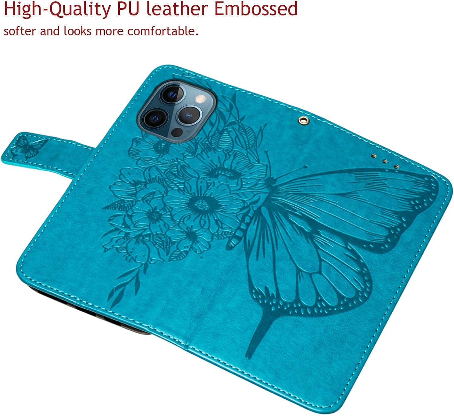 Funda tipo cartera compatible con iPhone 12  iPhone 12 Pro, función atril, correa de muñeca, ranuras para tarjetero, diseño floral de mariposa en
