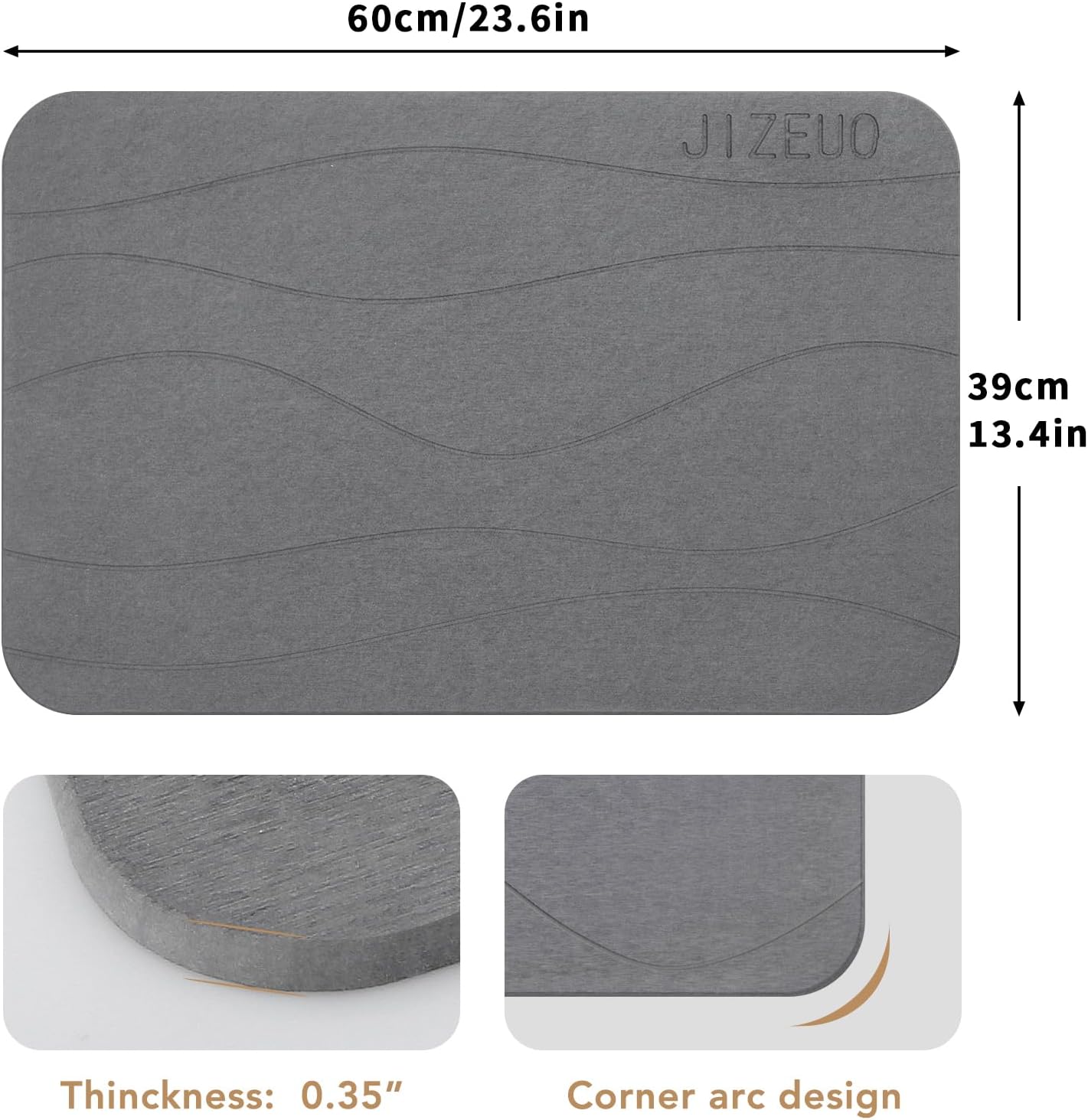 JIZEUO Tapete de baño de piedra, tierra de diatomeas, antideslizante, súper absorbente, de secado rápido, 2 unidades, color gris