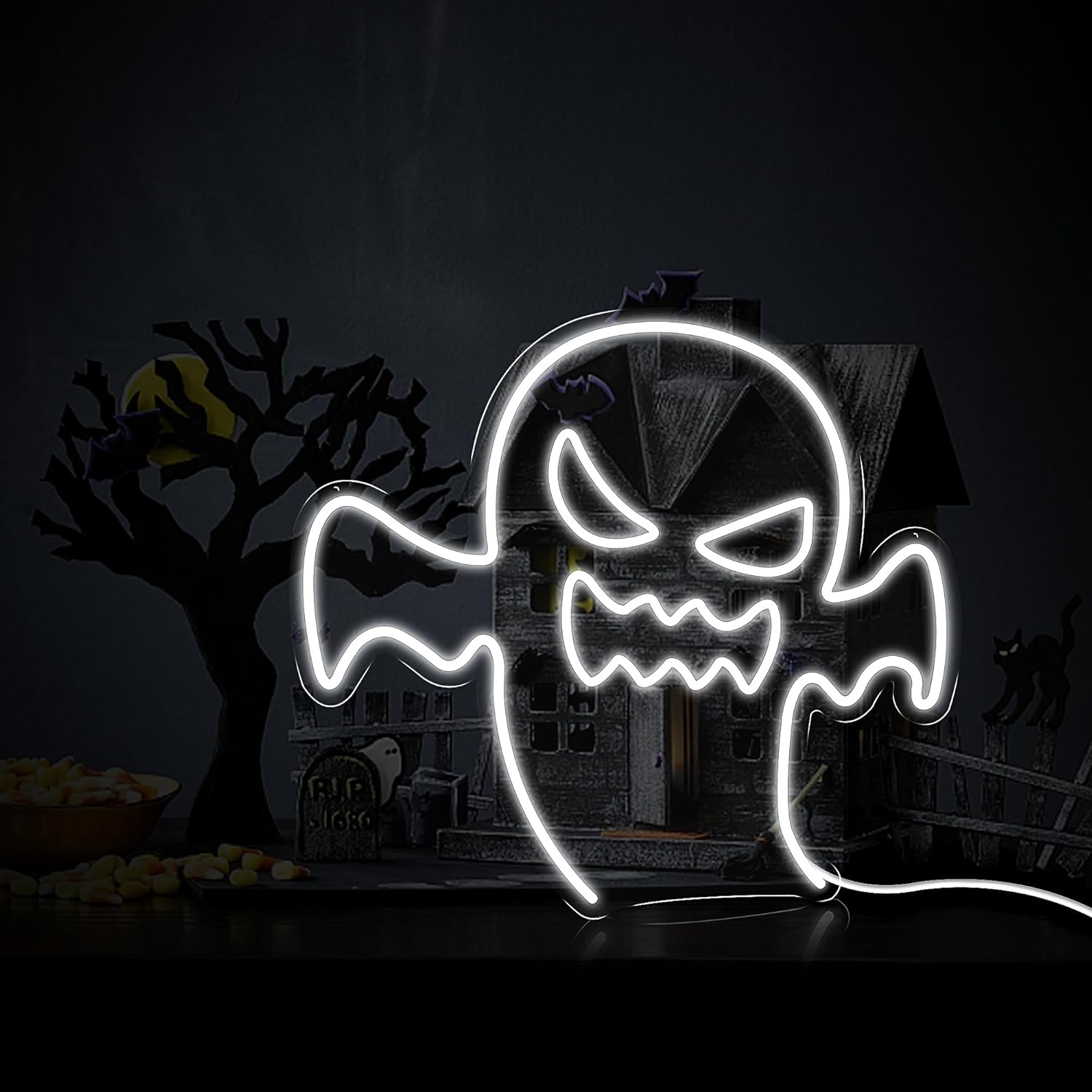 Letreros de neón de fantasmas navideños, luz de neón fantasma, luz de Halloween alimentada por USB para dormitorio, sala de estar, sala de juegos,