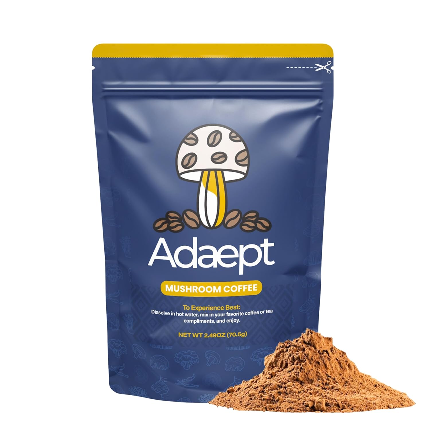 Adaept Café de hongos – Melena de león, Cordyceps, Reishi, Chaga, Shiitake y cola de pavo  Cacao peruano orgánico, raíz de diente de león y café