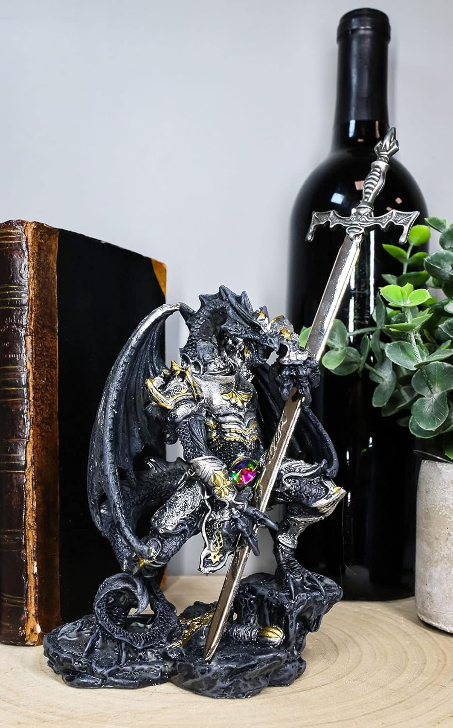 Ebros Gift Dragón fantasma elemental de piedra sintética con armadura de batalla y espada larga abrecartas estatua para el hogar y la oficina, mesa