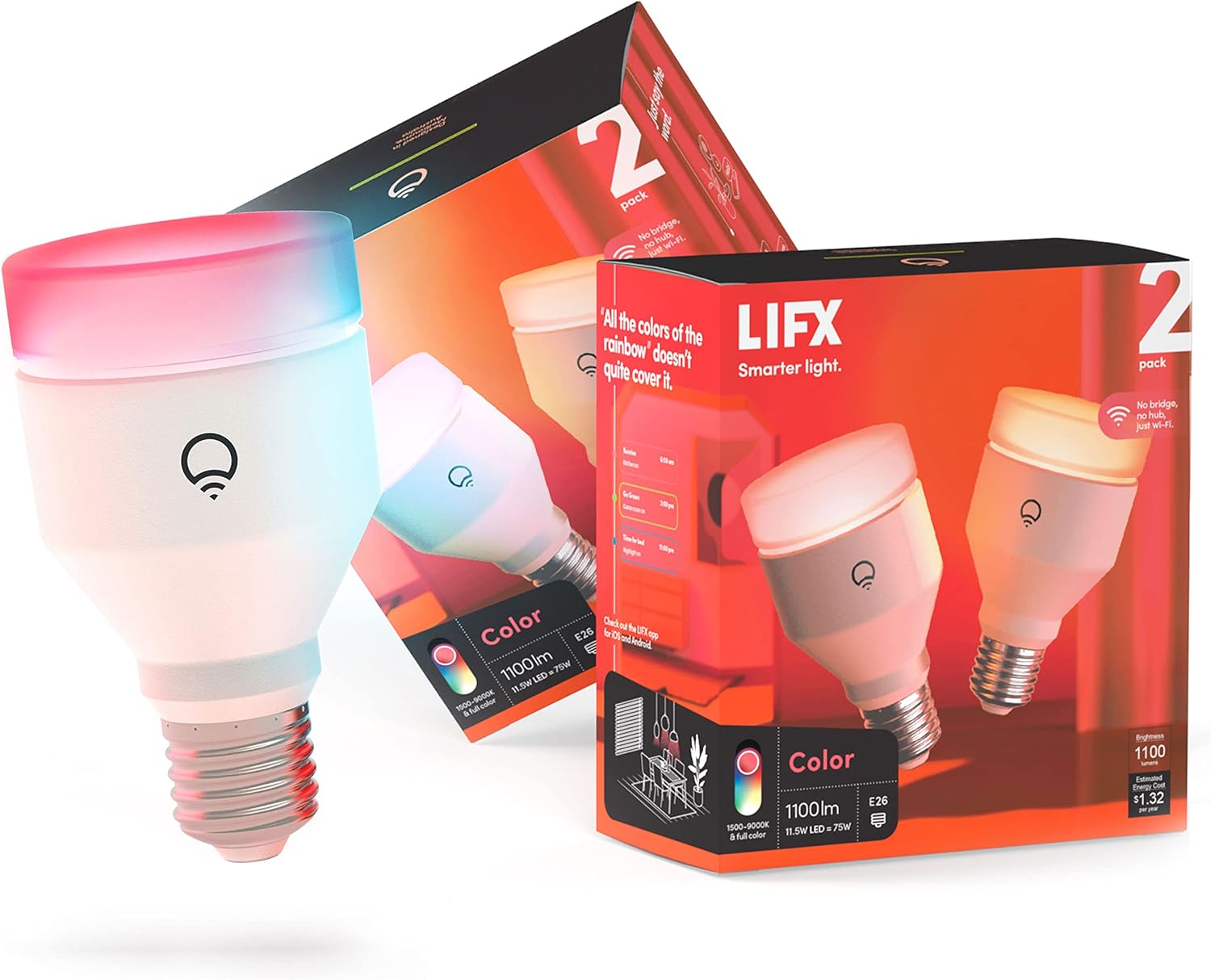 LIFX color, A19 1100 lúmenes, bombilla LED inteligente Wi-Fi, miles de millones de colores y blancos, no requiere puente, funciona con Alexa, Hey