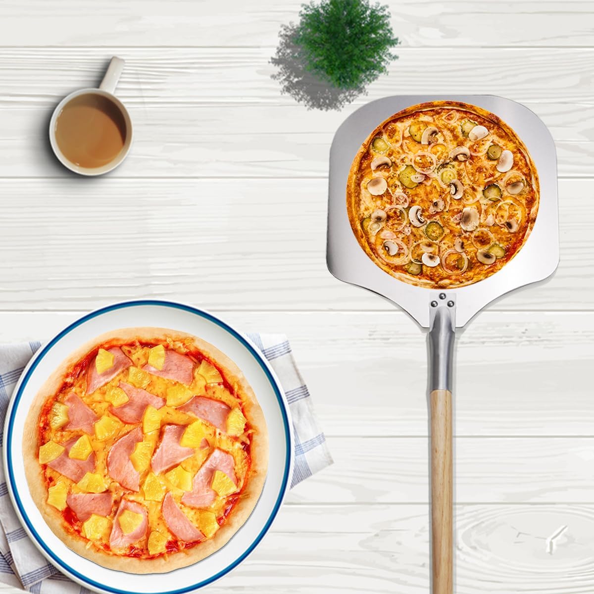 Pala de pizza de aluminio, espátula de pizza de 12 x 14 pulgadas con rueda cortadora de pizza, paleta de pizza con mango de madera desmontable de