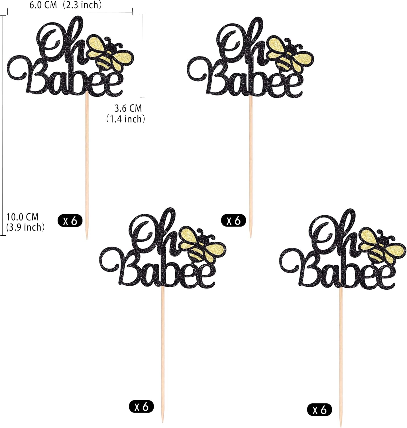 24 piezas Oh Babee para cupcakes con purpurina negra de doble cara Sweet Bumble Bee Baby Cupcake Picks Baby Shower para decoración de pasteles