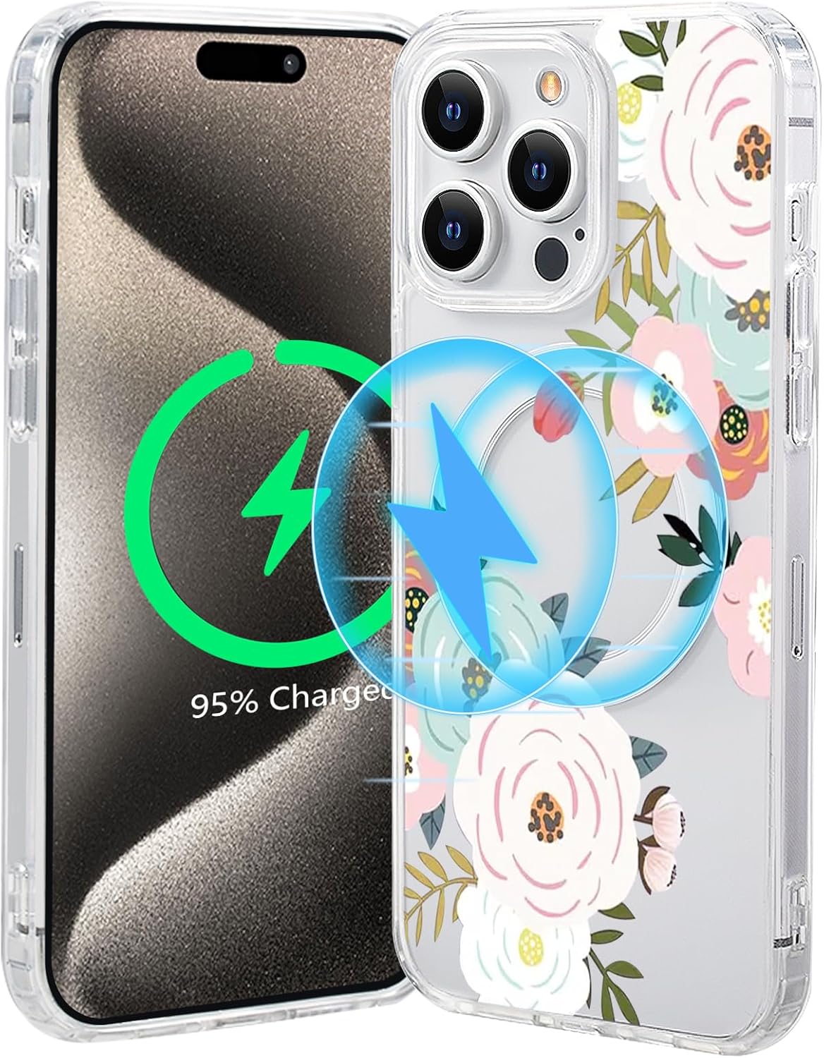 Funda magnética transparente con diseño de flores para iPhone 15 Pro compatible con MagSafe, patrón floral transparente a prueba de golpes, parte