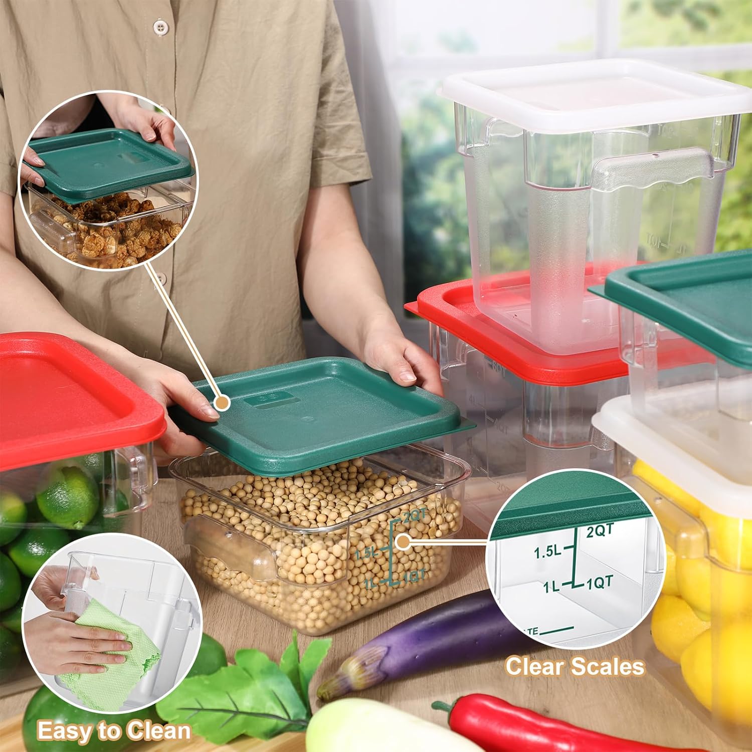 Contenedor de almacenamiento de alimentos con tapas, juego de 2 cuartos de galón, 4 cuartos de galón, 6 cuartos de galón, cuadrados transparentes