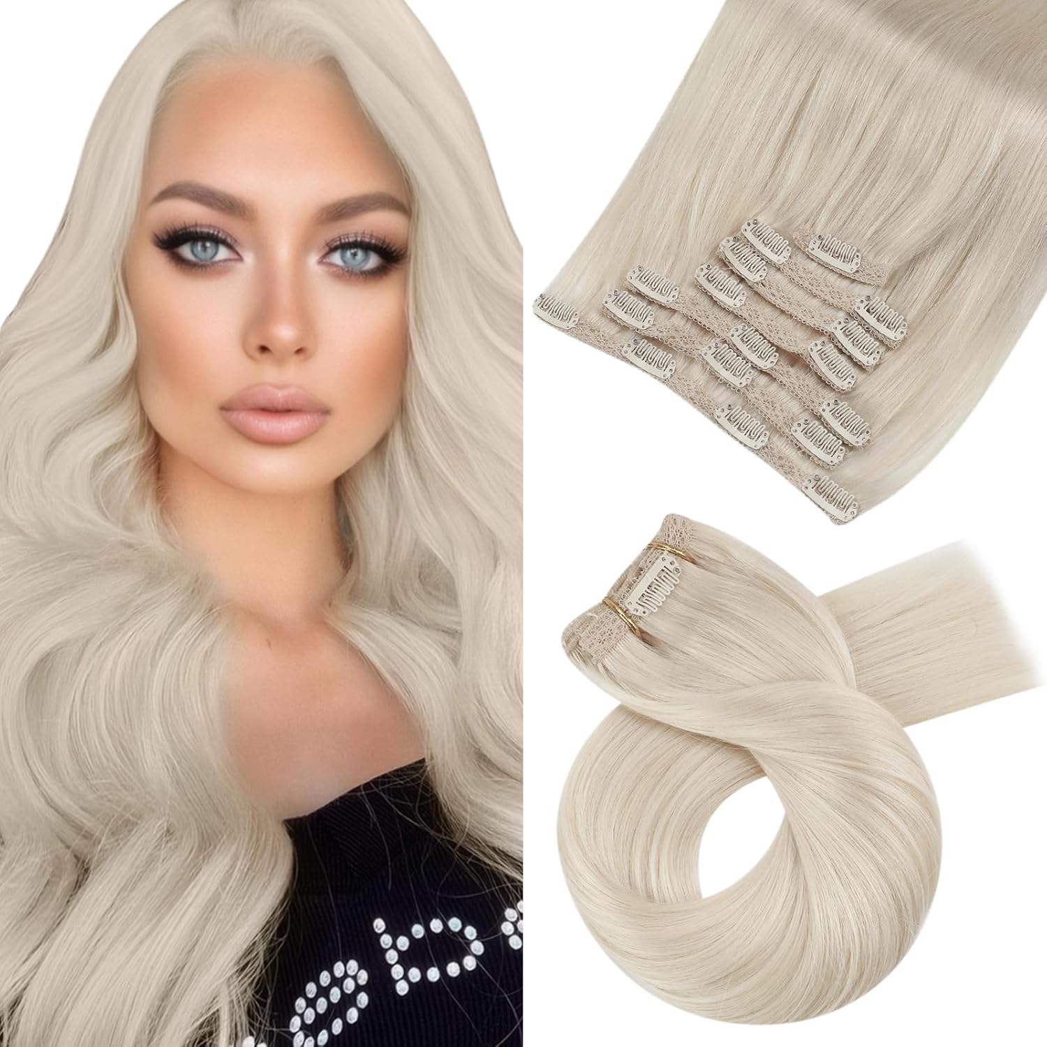 Moresoo Extensiones de cabello humano Remy con clip, color rubio platino, extensiones de cabello humano real de doble trama, color rubio #60, 18