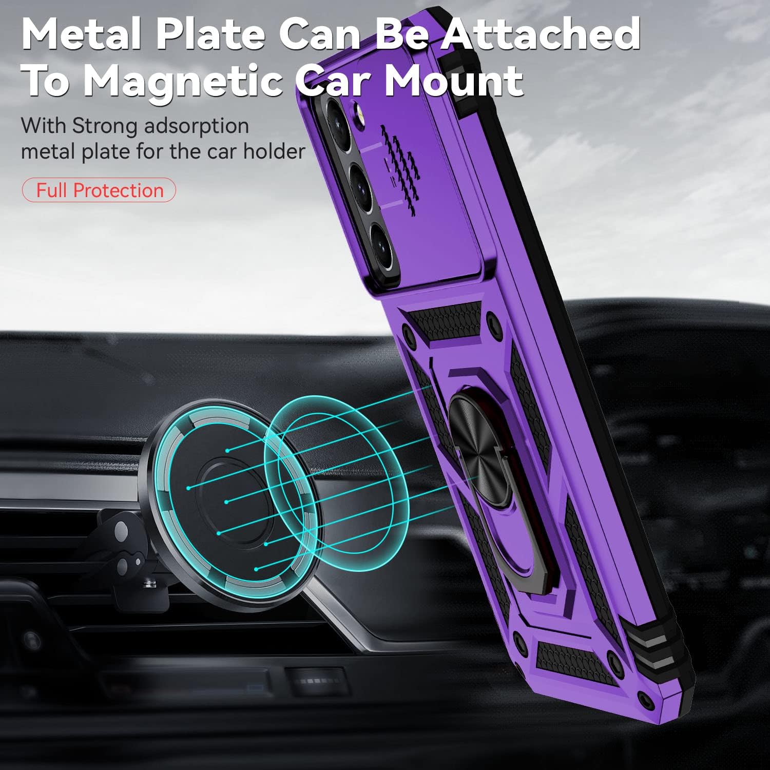 Funda para Samsung Galaxy S22, con cubierta para lente de cámara, protector de pantalla HD, grado militar anillo de montaje en coche con soporte