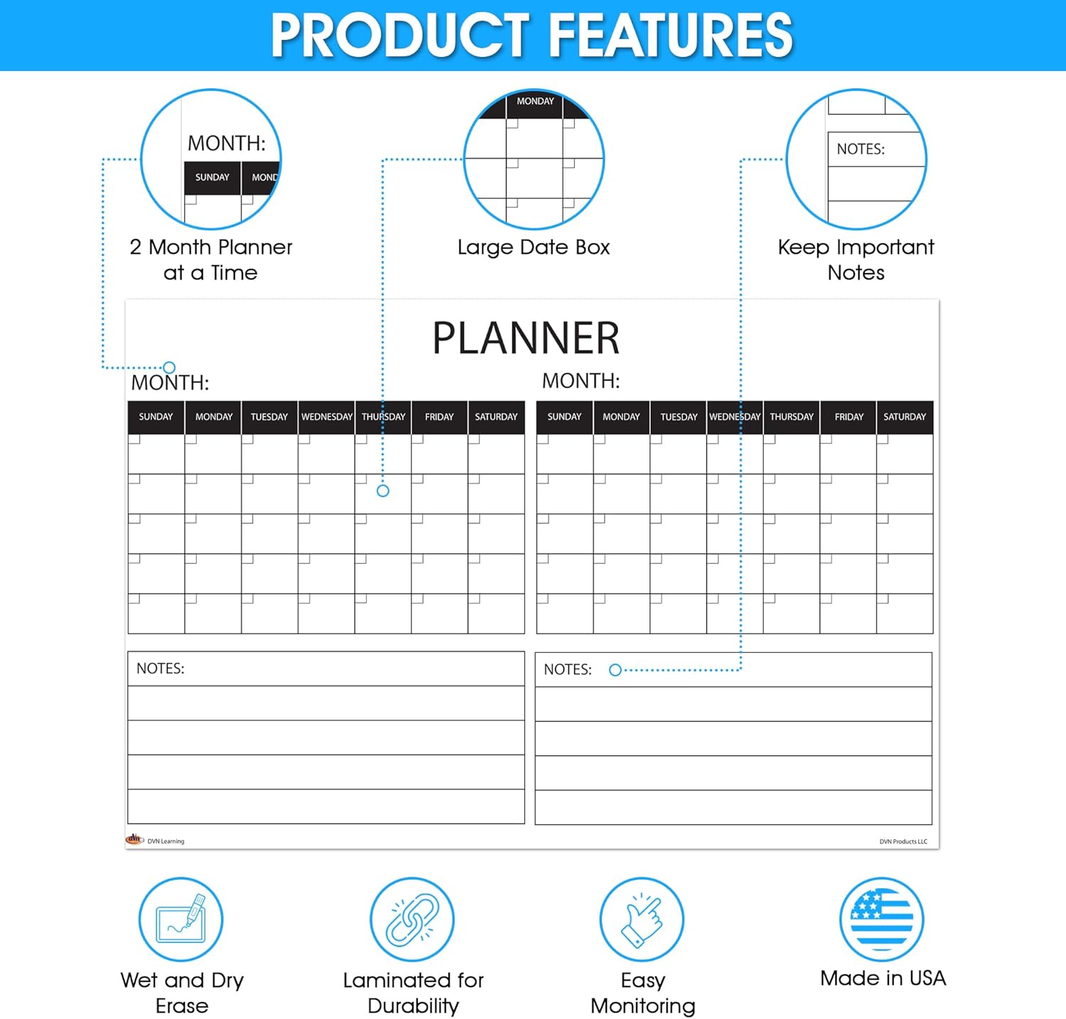 Calendario grande de borrado en seco para pared, planificador de pared anual de 2 meses, calendario laminado borrable y reutilizable, tamaño 36 x 24