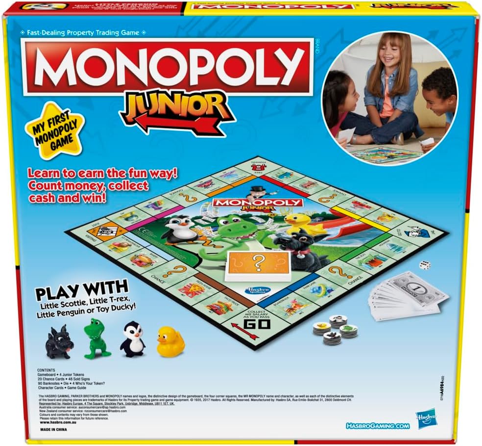 Monopoly Juego junior, juego de mesa Monopoly para niños, juego familiar para 2-4 jugadores, multicolor