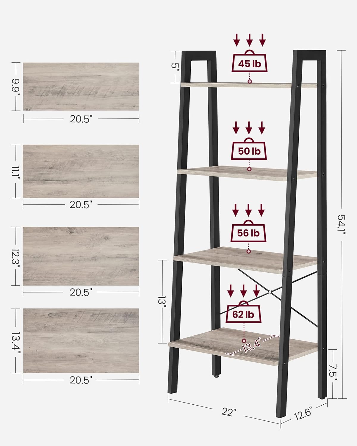 VASAGLE Estantería de escalera, estantería de 4 niveles, estante de almacenamiento, estantería con marco de acero, para sala de estar, oficina en