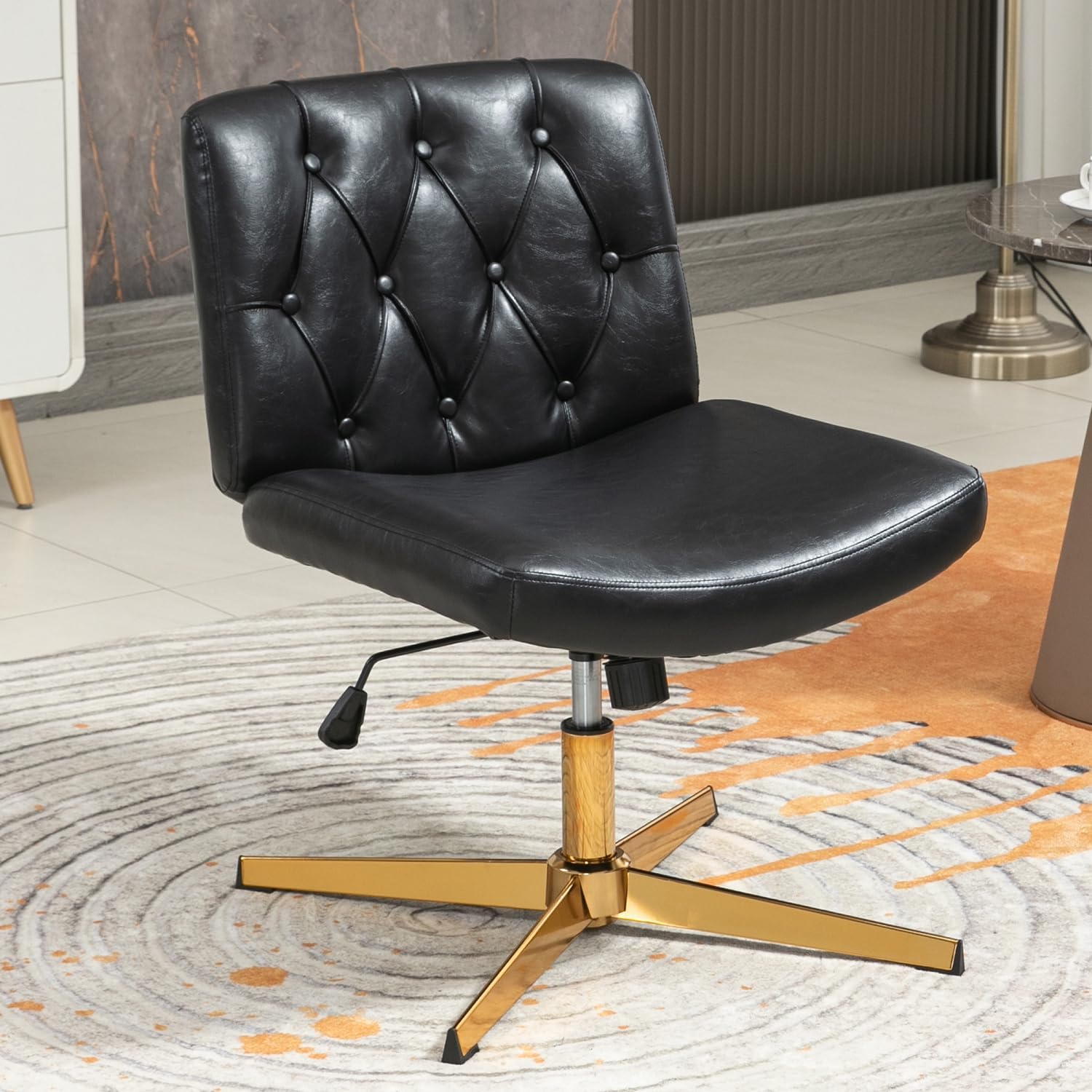 TURRIDU Silla giratoria sin brazos para oficina en casa, patas doradas cruzadas, sin ruedas, asiento ancho de piel sintética, respaldo medio, silla