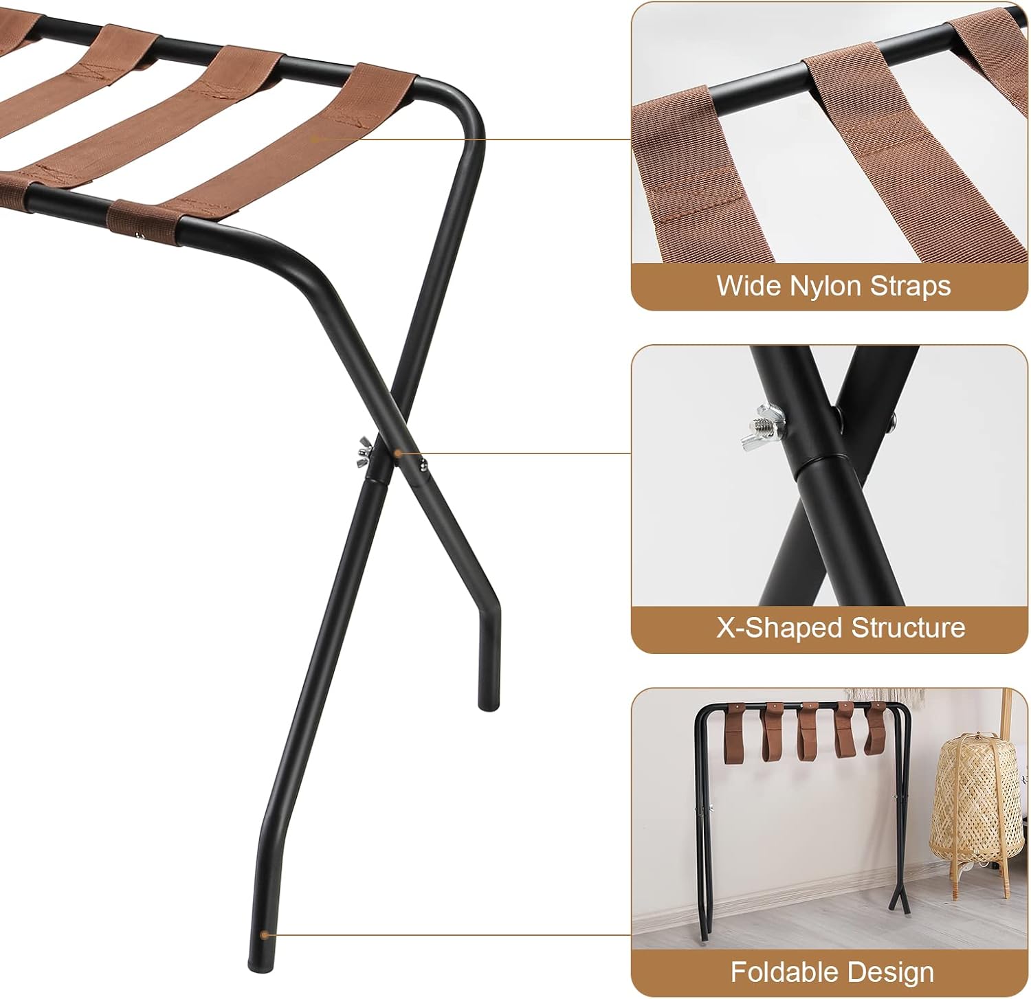 OFIDELITY Estante de equipaje, 1 unidad, estante plegable de metal para maleta con correas de nailon marrón y marco de acero, habitación de