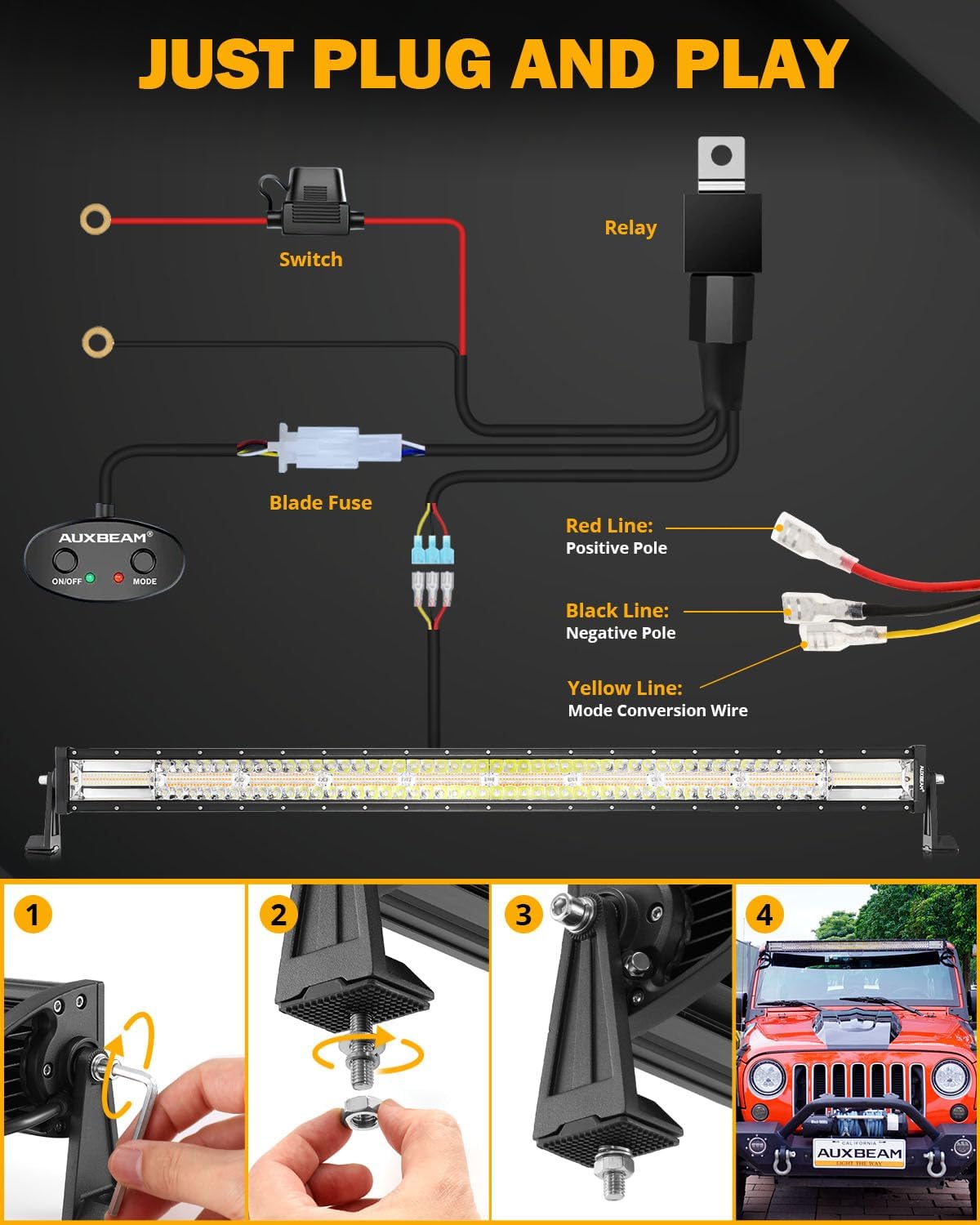 Auxbeam Barra de luz LED recta de 42 pulgadas y 240 W, 6 modos de luz estroboscópica blanca ámbar todoterreno, haz combinado de inundación puntual