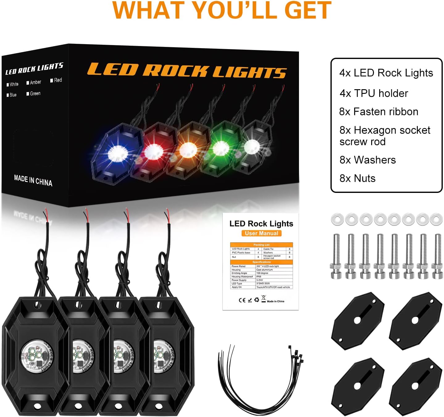 Underglow Kit para coche LuminShack LED Rock Light 4 Pods LED Subderglow Kit de luz de neón IP68 impermeable para camiones, todoterreno, ATV, UTV,