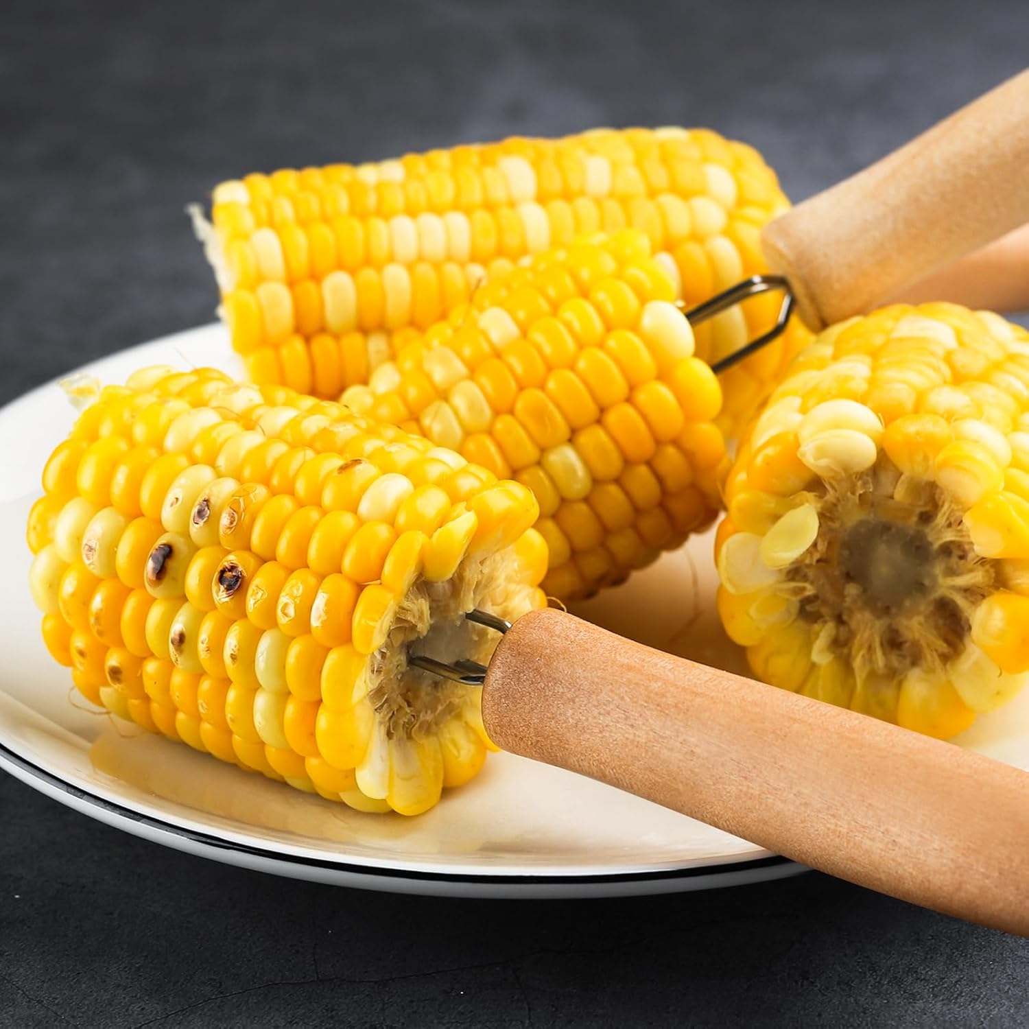 Juego de 6 soportes de maíz de acero inoxidable en la mazorca con mango de madera para maíz en la mazorca de mango largo, brochetas de mazorca,