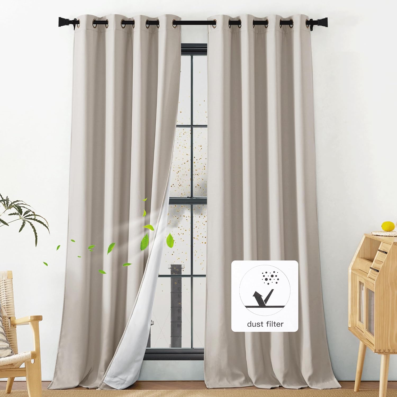 NICETOWN Partículas inferiores PM2.5, cortinas de lino sintético natural de sombreado completo, cortinas opacas con forro de absorción de ruido