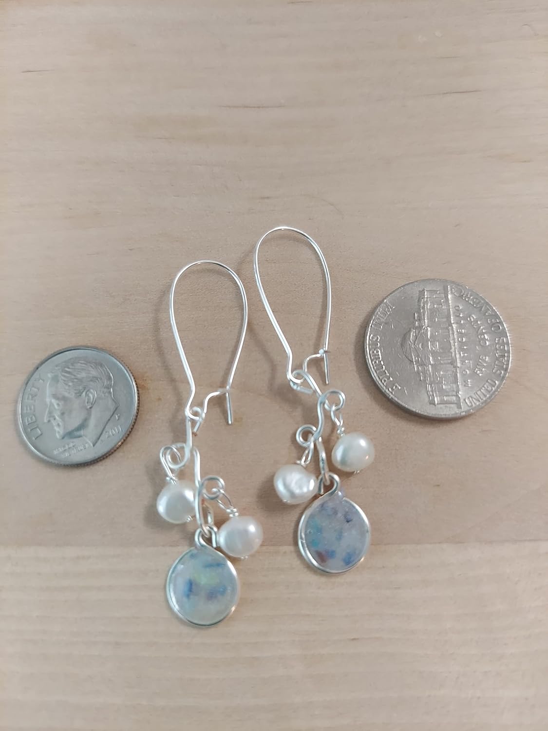 Handmade Lightweight Periwinkle Resin and White Pearl Cluster Silvertone Drop Earrings Beads by Bettina