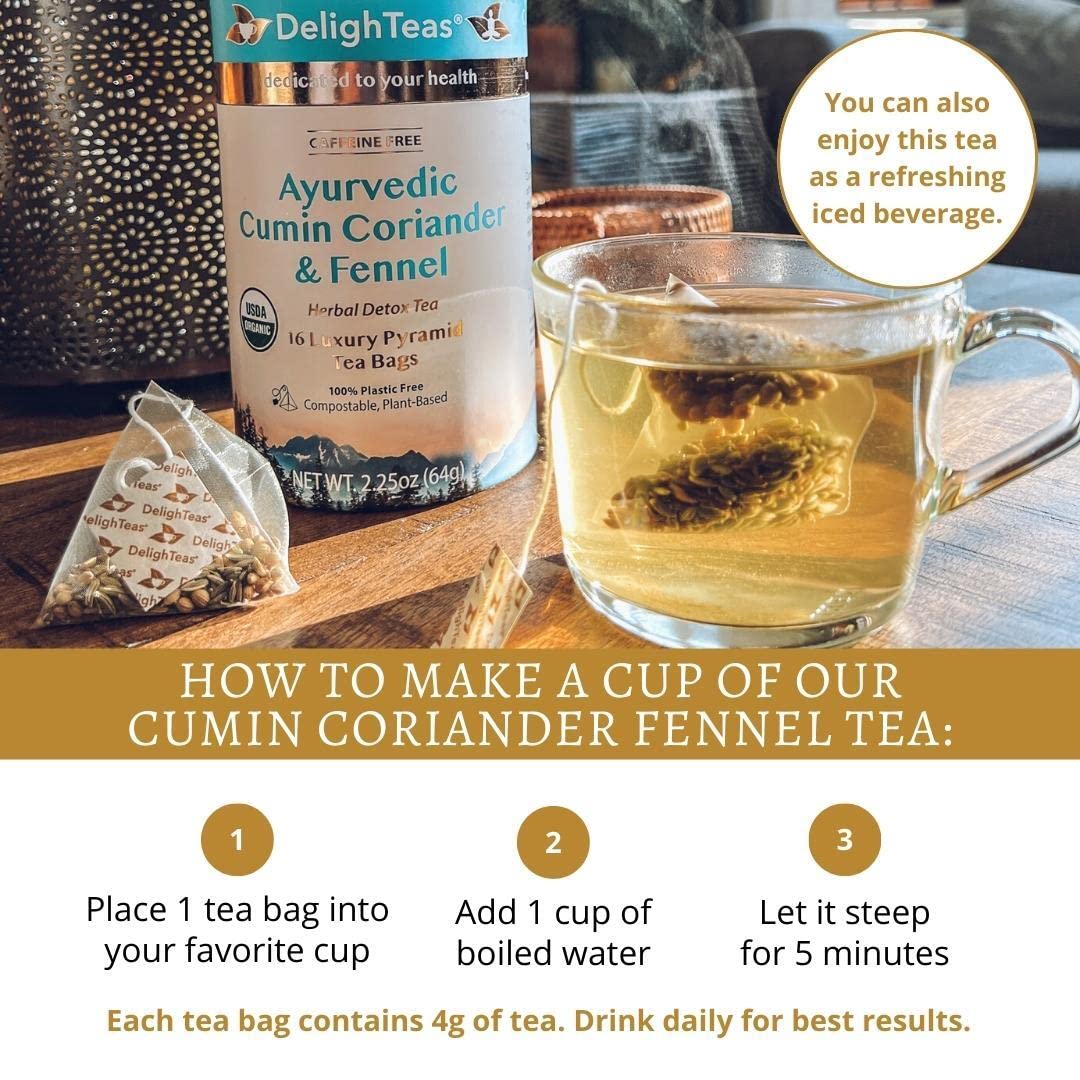 DelighTeas Té orgánico CCF Digest & Detox  Bolsas de té piramidales ecológicas y compostables  Comino ayurvédico, cilantro, té de hinojo  USDA
