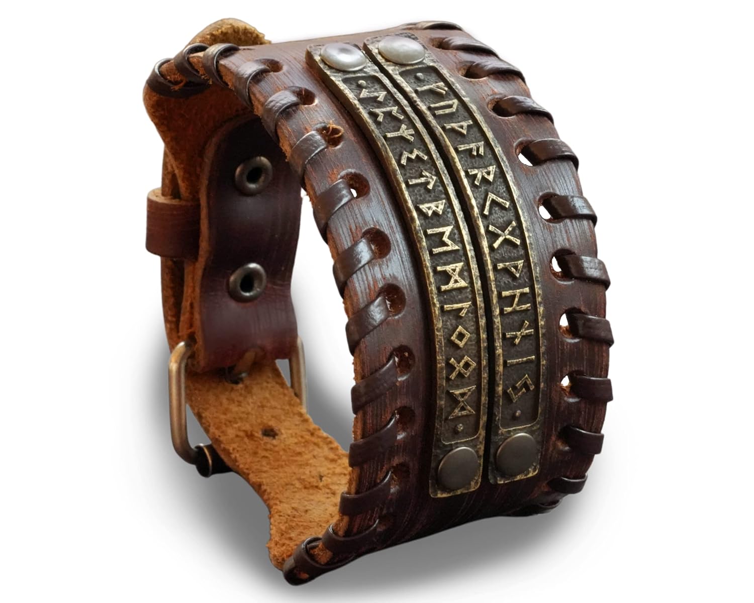 Baldur Jewelry Genuine Leather Bracelet With Viking Rune Futhark Metal Plates For Men Women, Adjustable Wrap, Ethnic Tribal Braided Bracelet