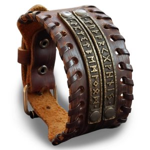 Baldur Jewelry Genuine Leather Bracelet With Viking Rune Futhark Metal Plates For Men Women, Adjustable Wrap, Ethnic Tribal Braided Bracelet Baldur Jewelry Genuine Leather Bracelet With Viking Rune Futhark Metal Plates For Men Women, Adjustable Wrap, Ethnic Tribal Braided Bracelet