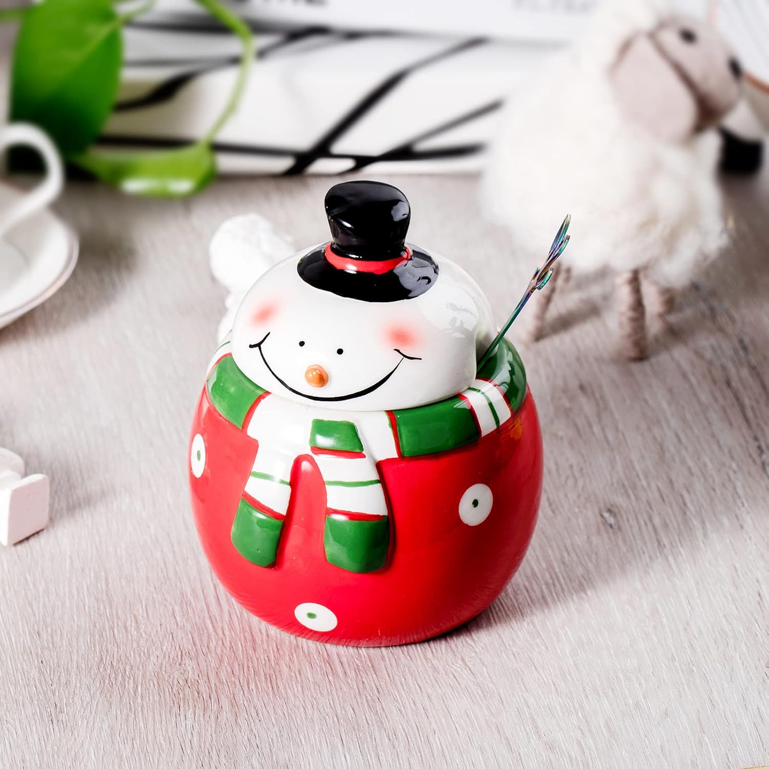 Azucarero de cerámica con tapa y cuchara, elegante recipiente para azúcar con bonito diseño de muñeco de nieve navideño, decoraciones navideñas,