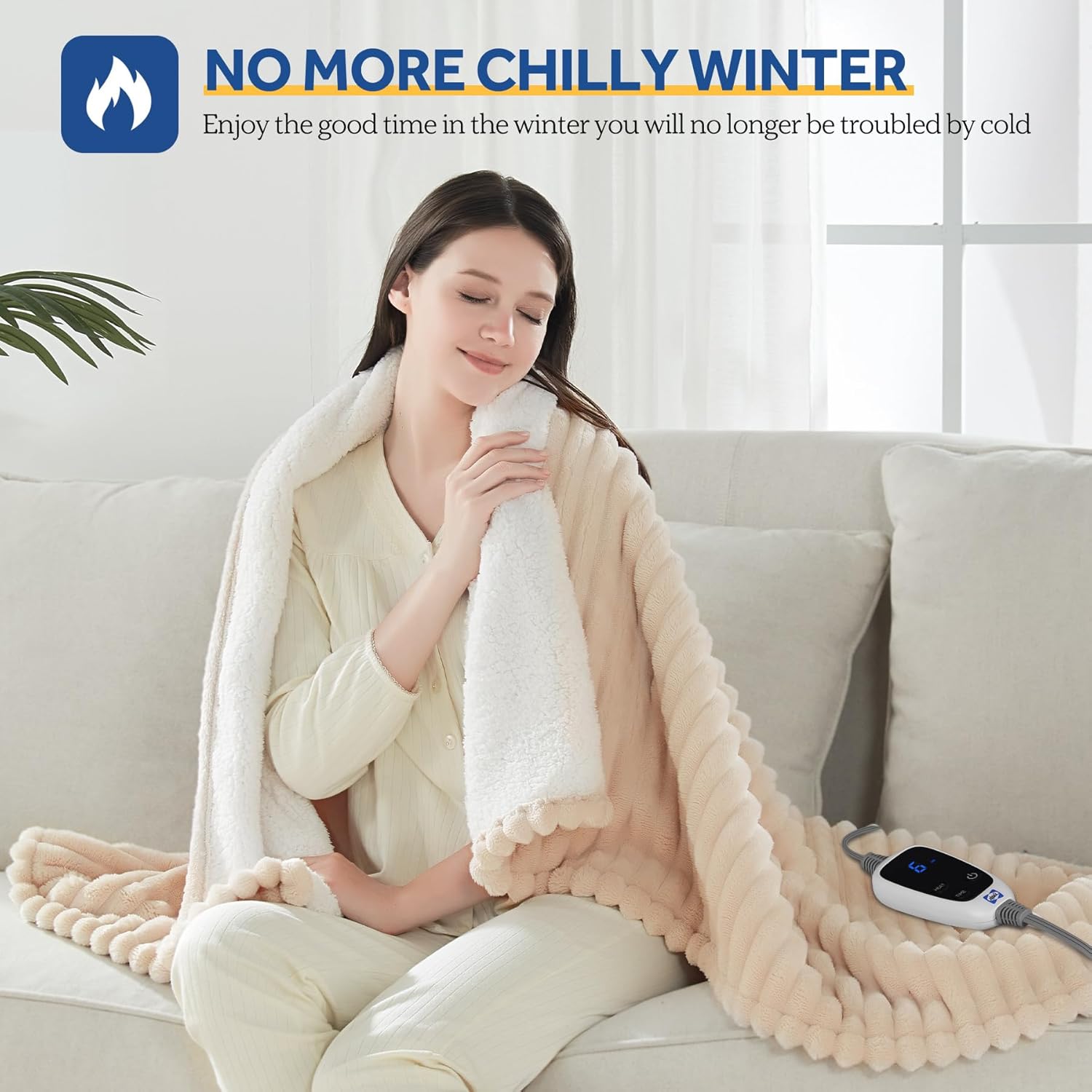 SEALY Manta eléctrica con calefacción, franela acanalada suave y acogedora a sherpa, reversible, calefacción segura con 6 ajustes de calor y 2-10