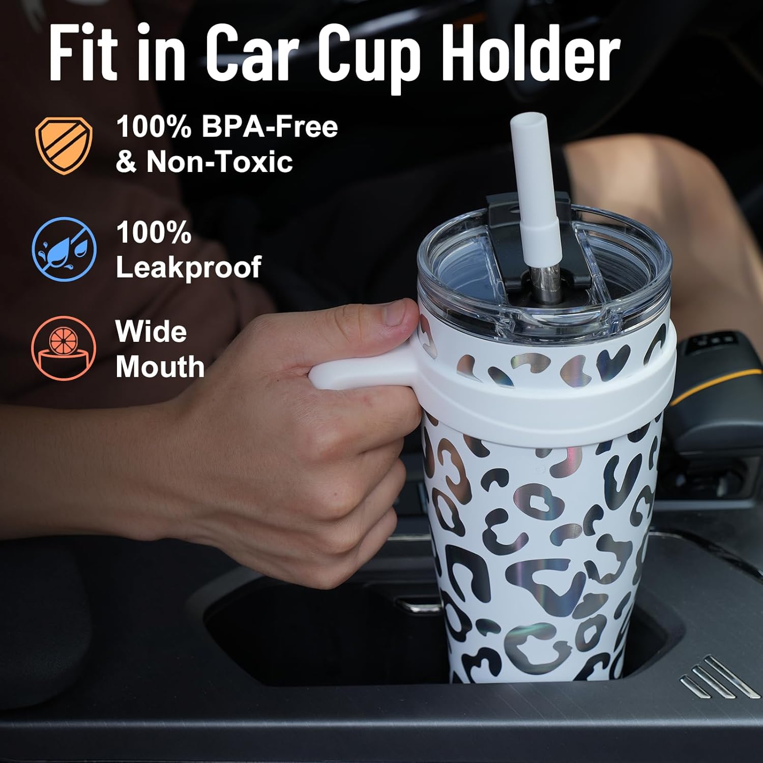 Zukro Vaso de 40 onzas con asa y popote, vaso aislado de acero inoxidable de doble pared con tapa abatible 2 en 1, 100% a prueba de fugas, mantiene