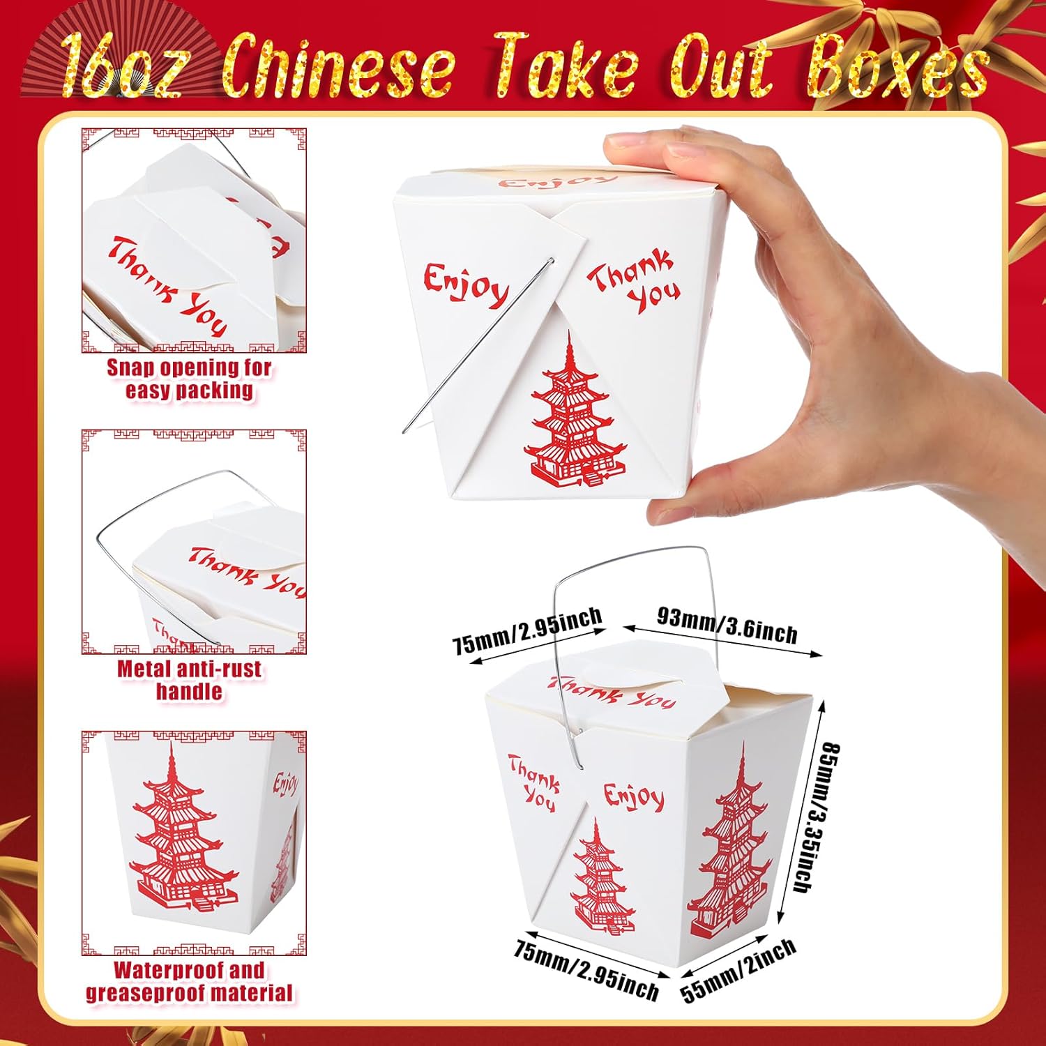 150 cajas chinas para llevar, pagoda, contenedor de comida para llevar, contenedores desechables chinos para comida china, cajas de comida china