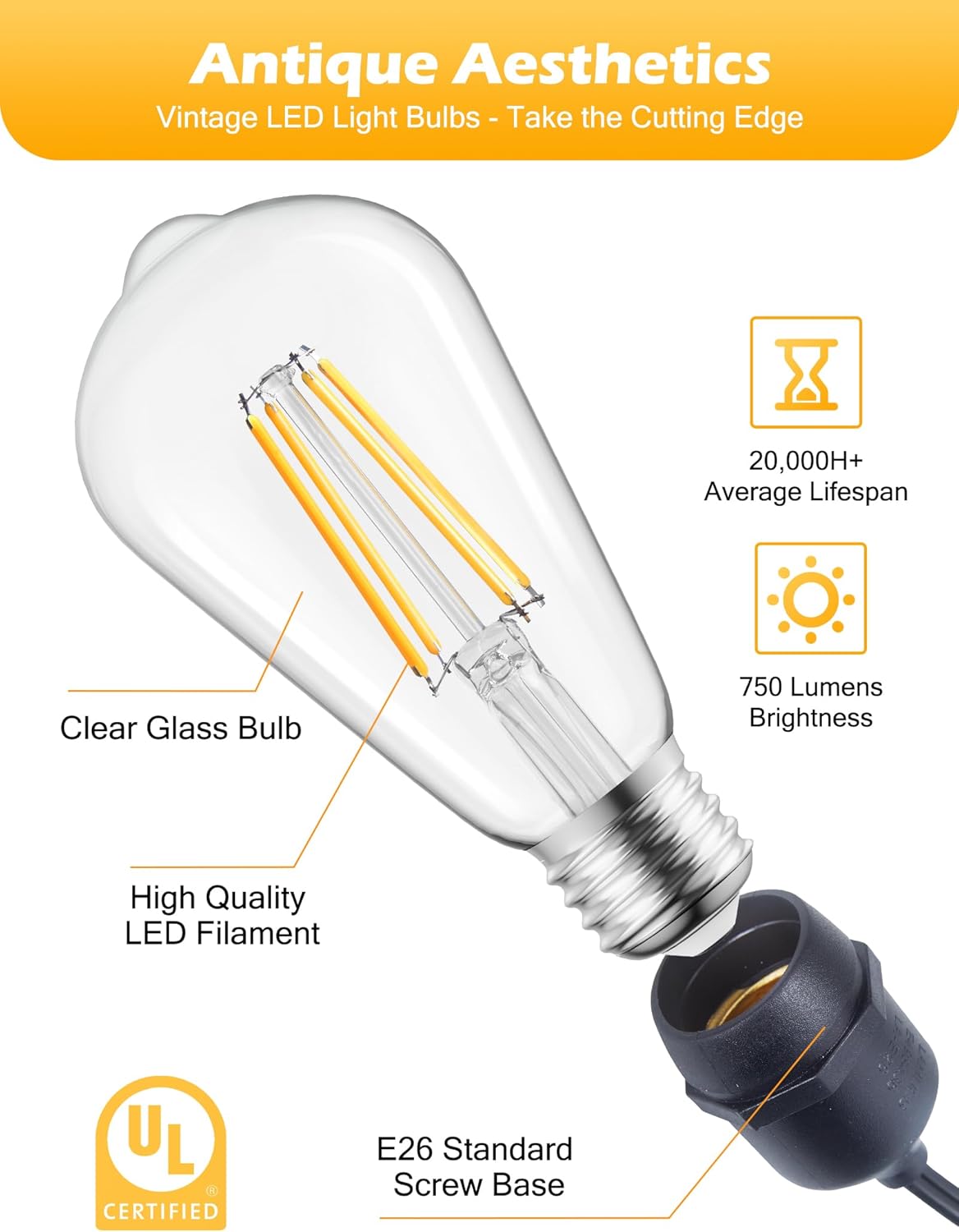 Paquete de 4 bombillas LED Edison vintage equivalentes a 6 W, bombillas de filamento LED antiguas con CRI de 80+, base media E26, blanco cálido 2700