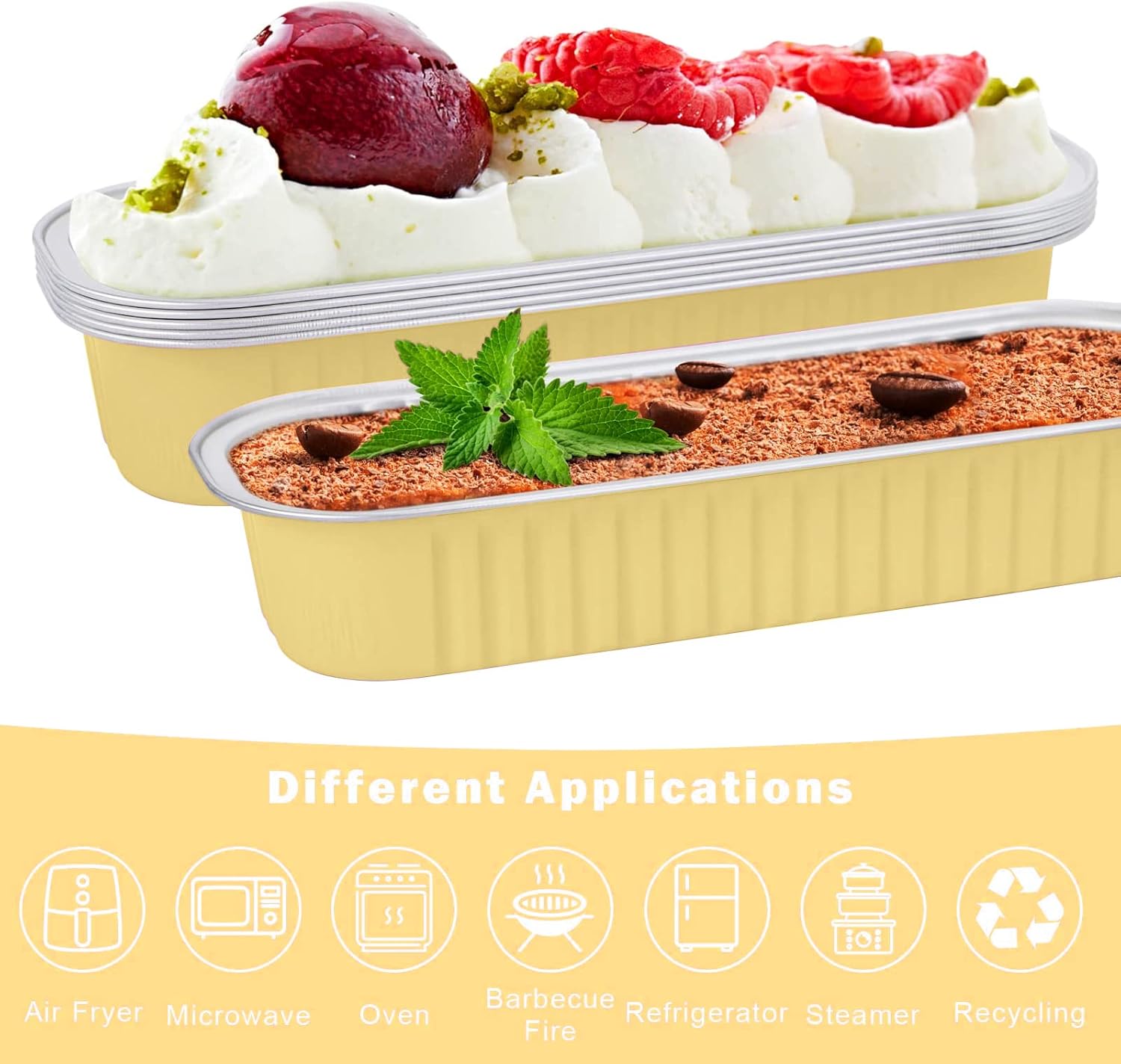 Mini moldes para hornear pan con tapas y cucharas (paquete de 50, 6.8 onzas), recipientes rectangulares de aluminio para cupcakes con adhesivo de