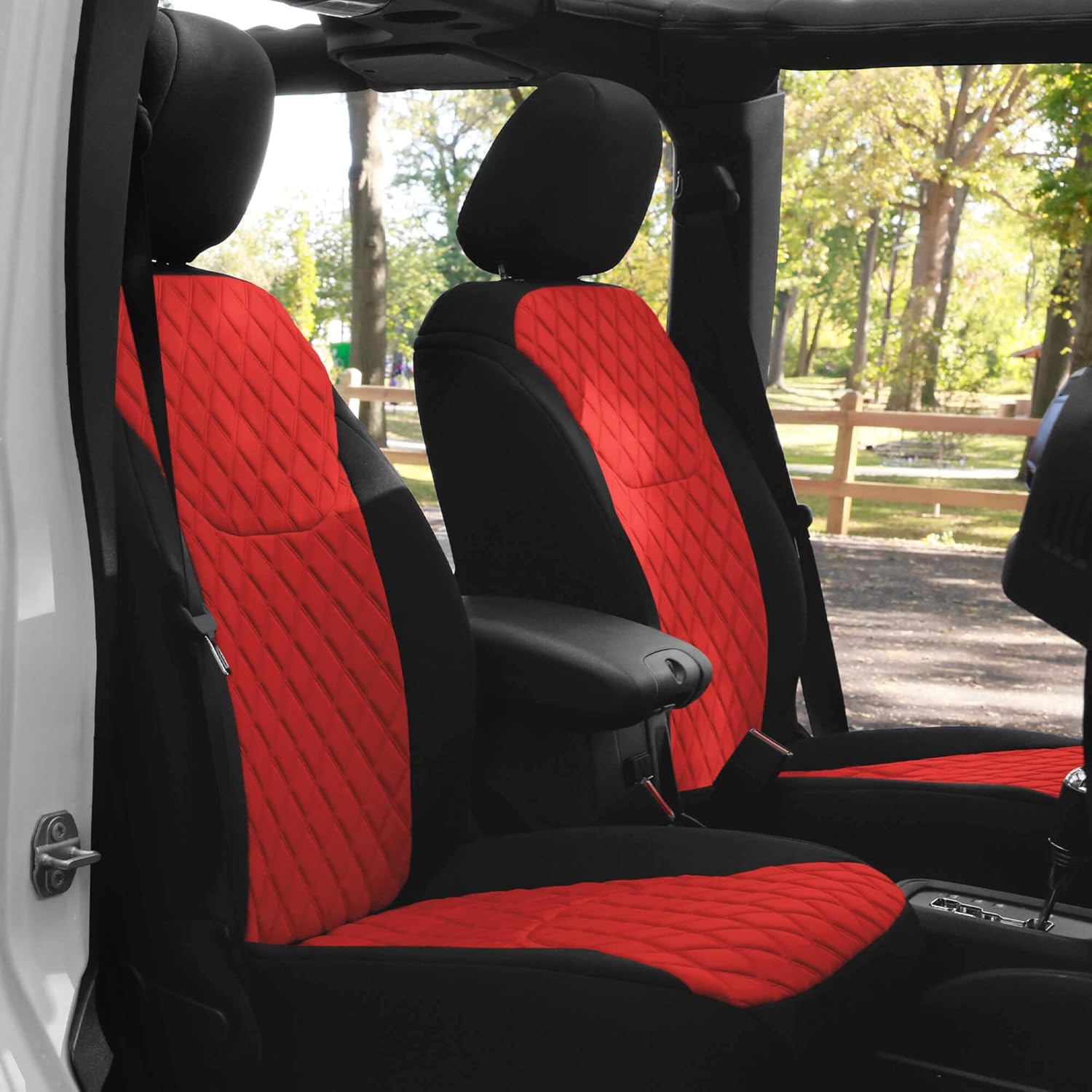 TLH Fundas de asiento de ajuste personalizado para Jeep Wrangler JK 4DR 2007-2018, fundas de asiento de automóvil de neopreno rojo, juego de fundas