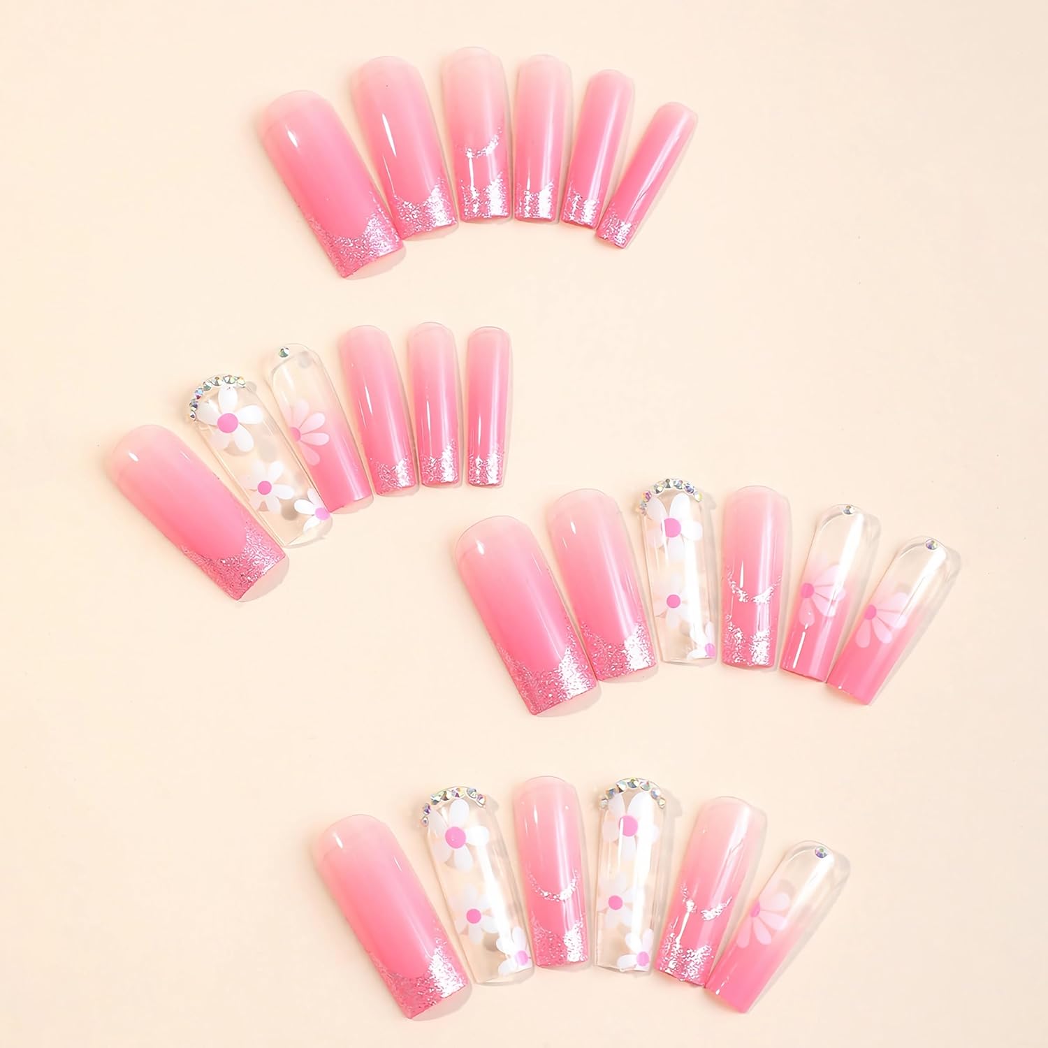 BABALAL Uñas postizas cuadradas a presión, uñas postizas largas con pegamento rosa, uñas acrílicas con flores, 24 unidades, uñas ovaladas brillantes