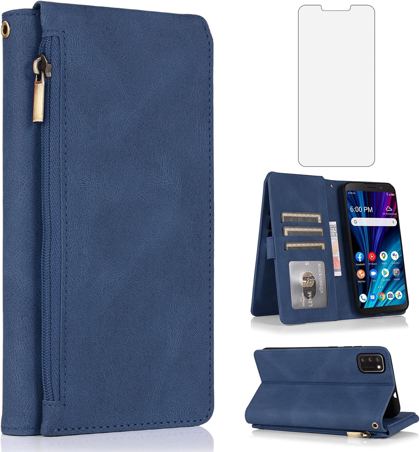 Compatible con Alcatel TCL A3X A600DL – Funda tipo cartera de vidrio templado, protector de pantalla de vidrio templado, con cremallera, funda de