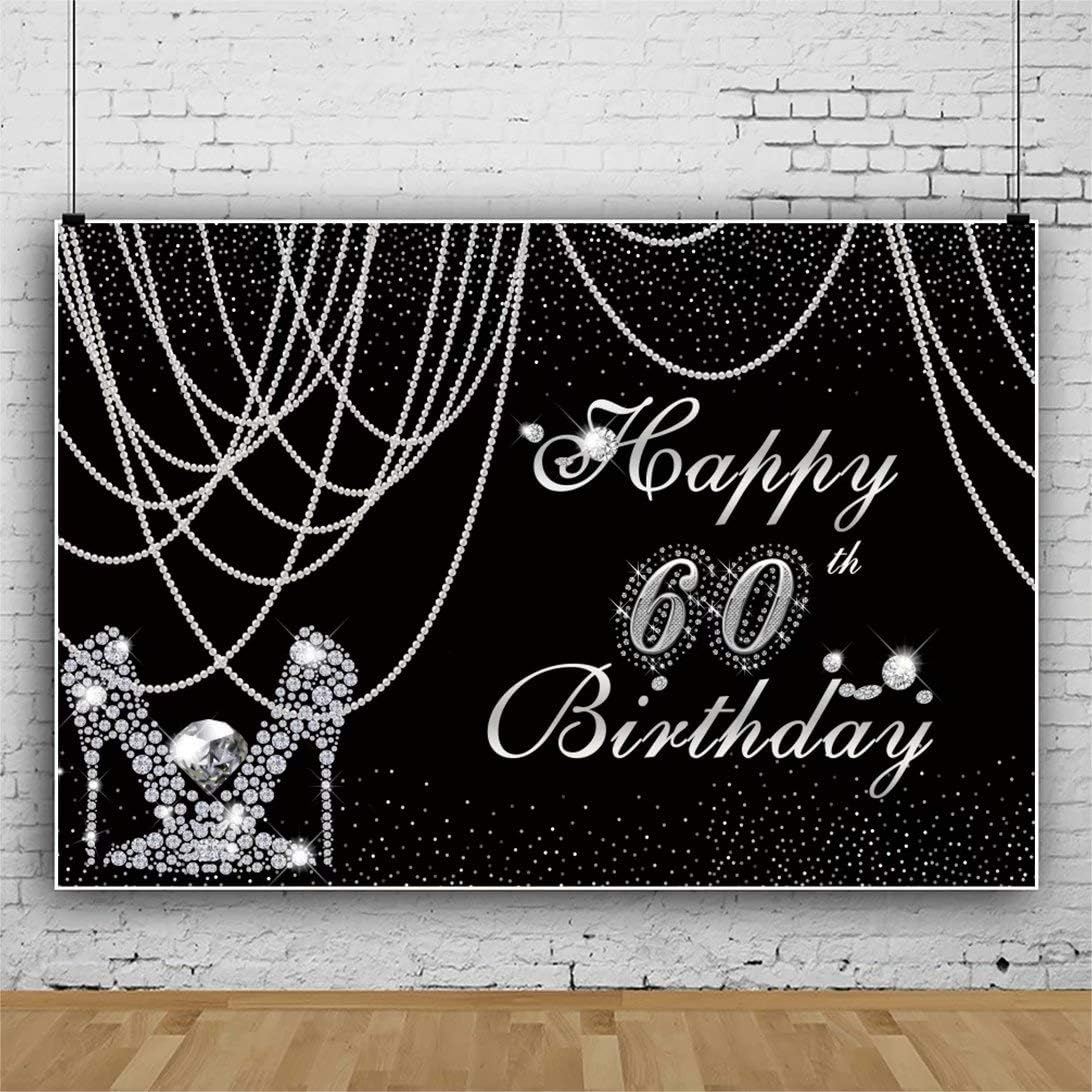 Telones de fondo negro plateado para mujer de 60 cumpleaños para fotografía, cortina de perlas de 9 x 6 pies, pantuflas de diamante plateado con