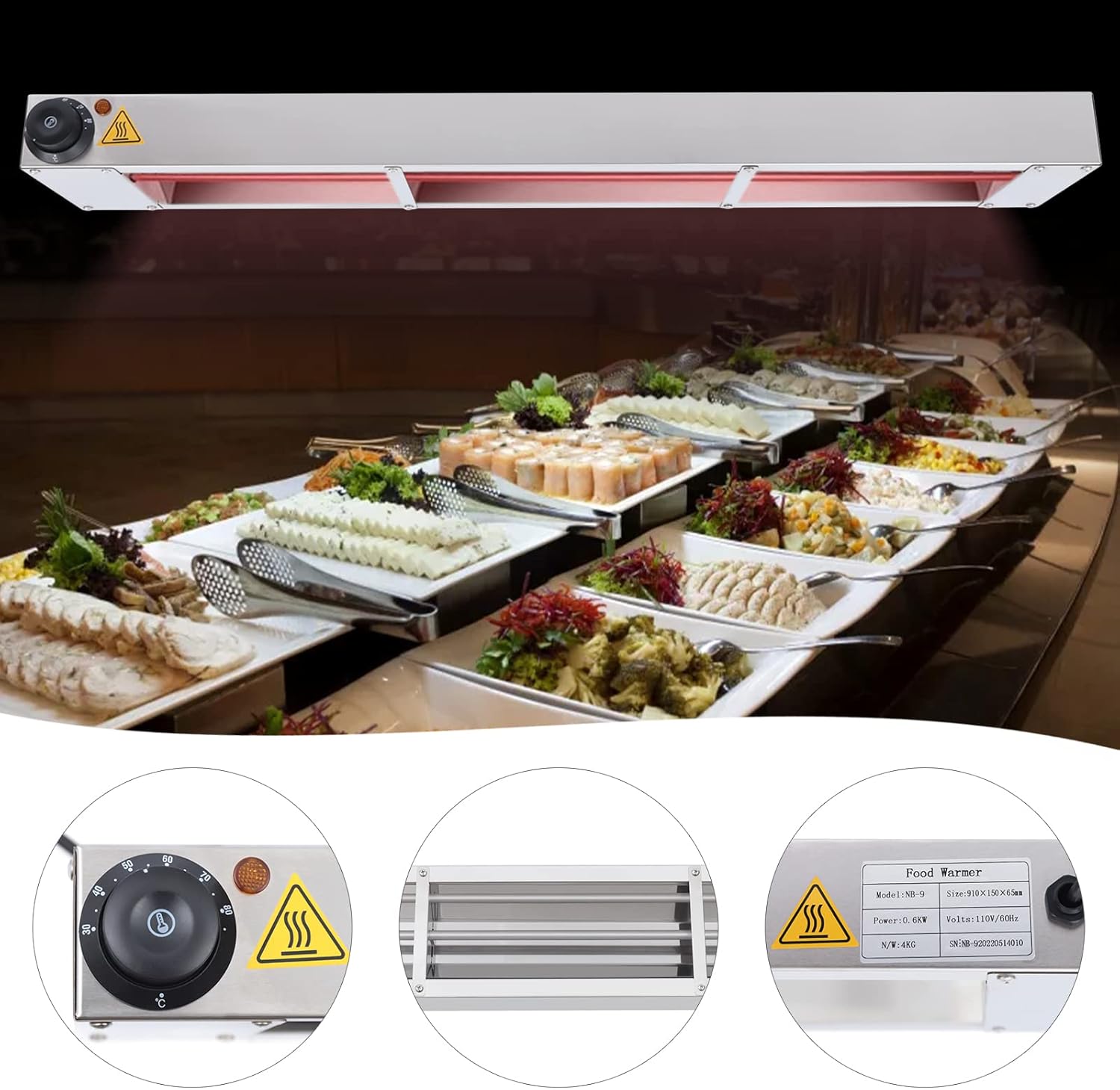 Lámpara de calor de alimentos de 36 pulgadas, calentador de alimentos infrarrojo con control de temperatura y enchufe de seguridad triangular para