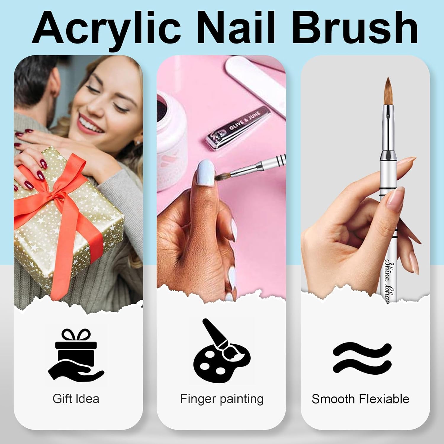 Kolinsky – Juego de 3 brochas acrílicas para uñas, tamaño 2, 4, 5, pincel acrílico para uñas, diseño artístico y limpieza de errores de esmalte para