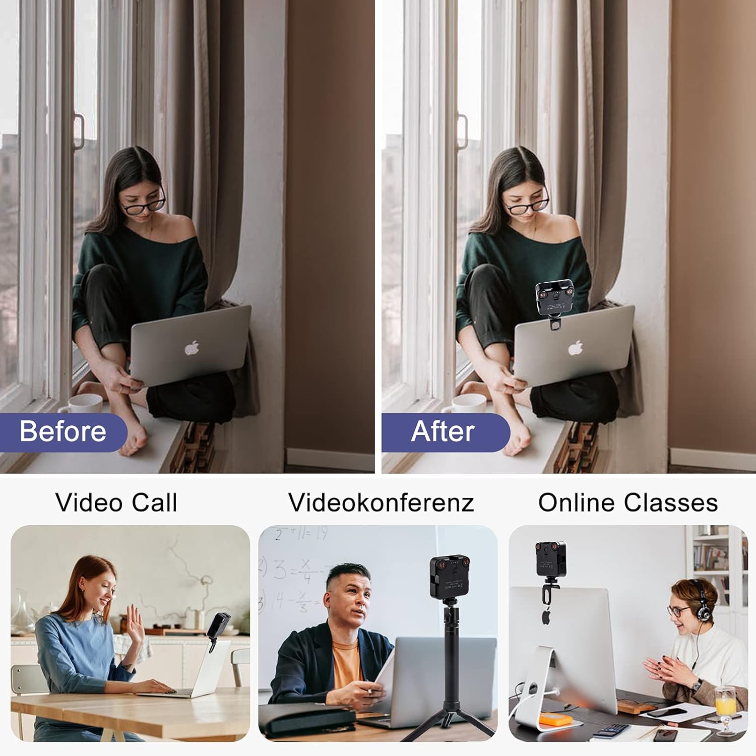 Luz de video LED de 3000 mAh, panel de luz suave recargable de 2500 k-6500 K, luz de videoconferencia con trípode de clip, luz para selfies,