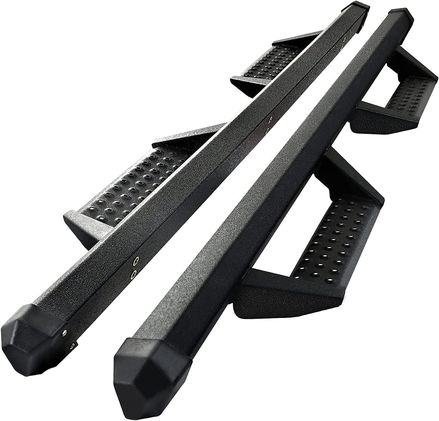 Estribos compatibles con Ford Ranger SuperCrew Cab 2019-2024. Barras laterales de polvo negro texturizado de doble etapa.