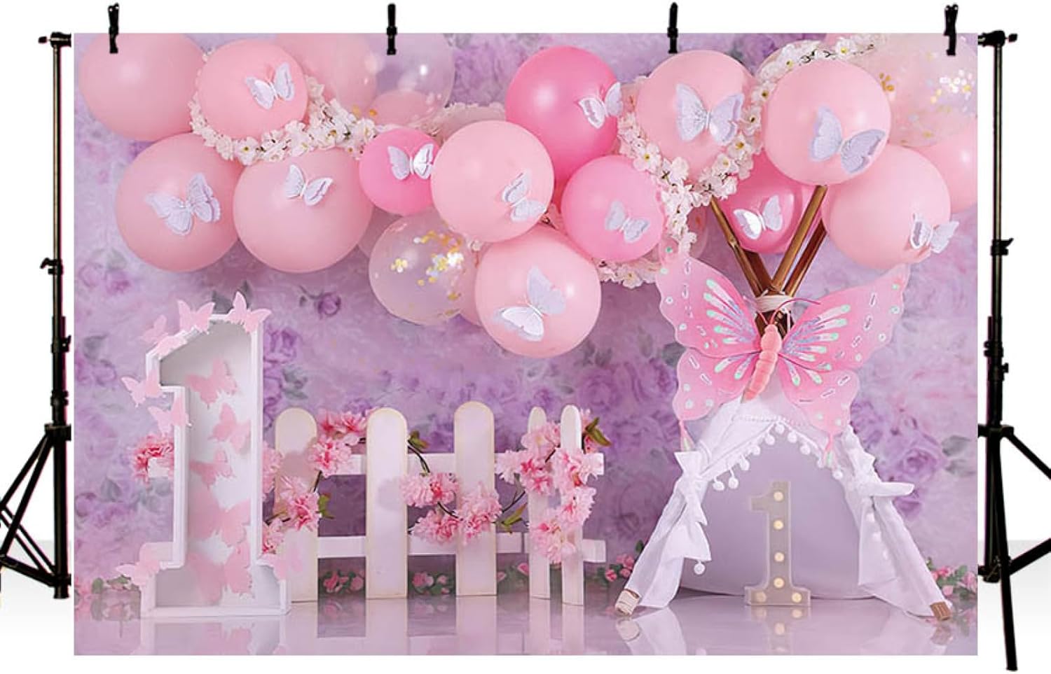 Fondo de fotografía floral de jardín con globos rosados, diseño de mariposas y flores, para el primer cumpleaños de las niñas, con texto en inglés
