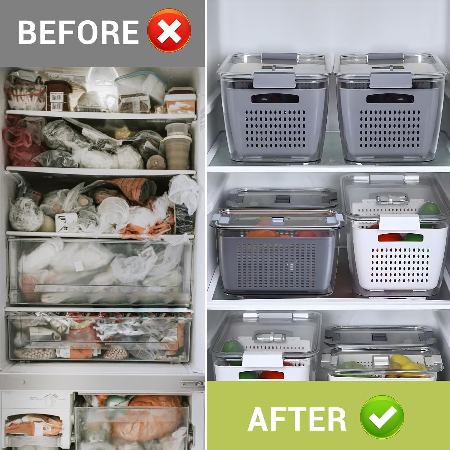 LUXEAR Paquete de 4 recipientes de frutas para refrigerador, contenedor de almacenamiento de verduras con tapas y colador extraíble organizador de