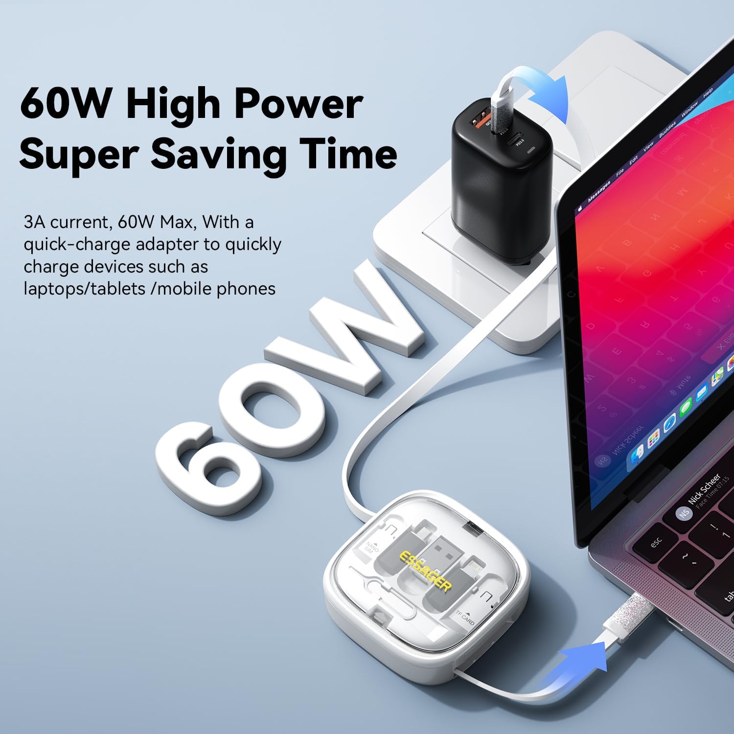 ESSAGER Kit de cables de carga retráctiles con adaptador USB C a iluminación, USB-A y tipo C a tipo CMicroiluminación, transferencia de datos, caja