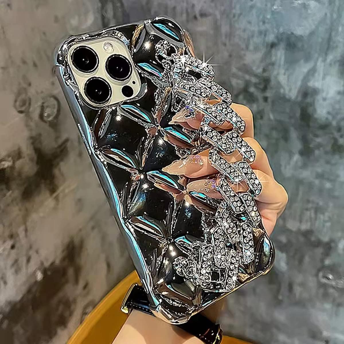 Funda protectora para iPhone 15 Pro Max con purpurina y lazo para correa para la muñeca, bonita funda protectora de silicona brillante y suave a