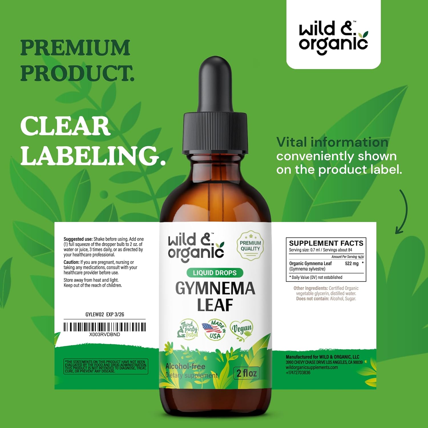 Gymnema Sylvestre Extracto líquido  Suplemento orgánico de Gymnema Sylvestre  Gotas de Gymnema Sylvestre veganas, sin alcohol, 2 onzas líquidas