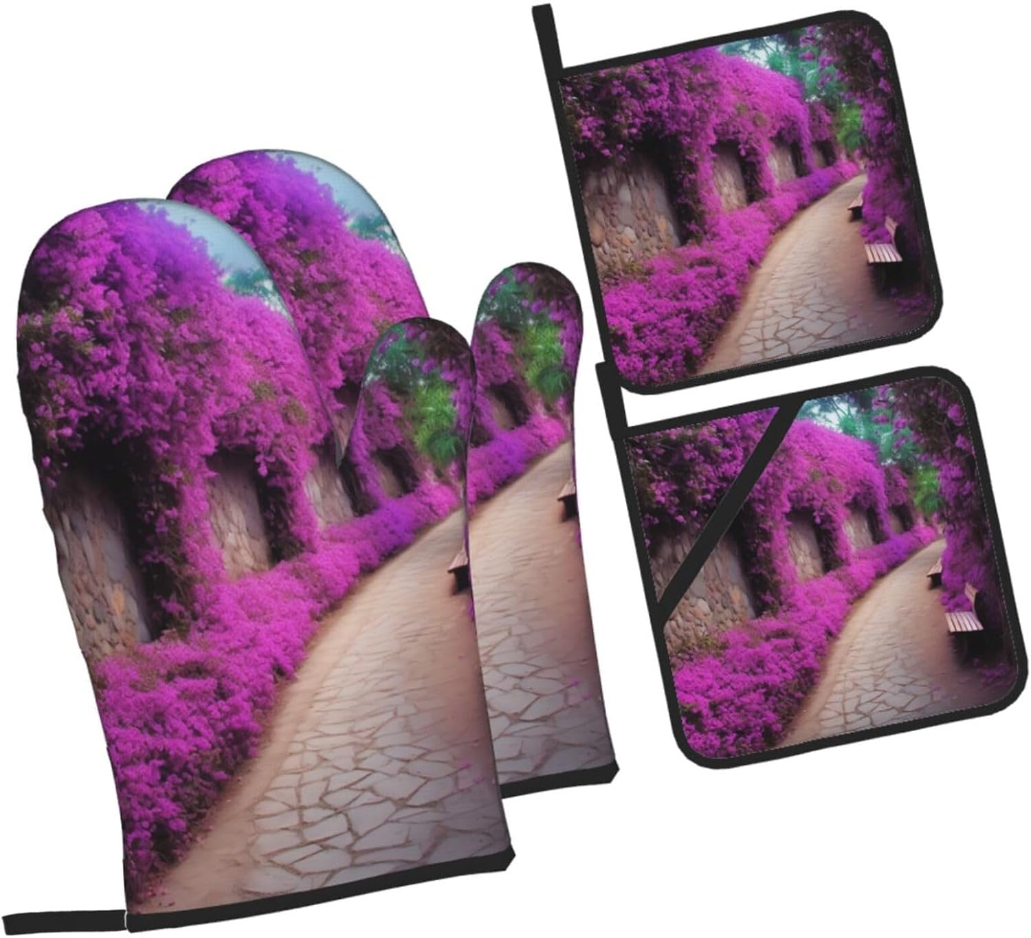 Purple Floral Blooming Path Print Oven Mitts and Pot Holders Heat Resistant Oven Gloves and Hot Pads Gloves Set for Baking