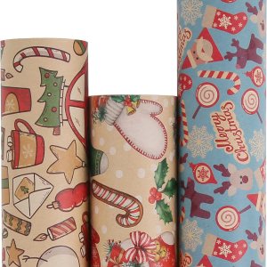 Aimyoo Paquete de papel de regalo de Navidad de estraza azul, juego de papel de regalo de Navidad para niños, diseño de bastones de caramelo, Aimyoo Paquete de papel de regalo de Navidad de estraza azul, juego de papel de regalo de Navidad para niños, diseño de bastones de caramelo,