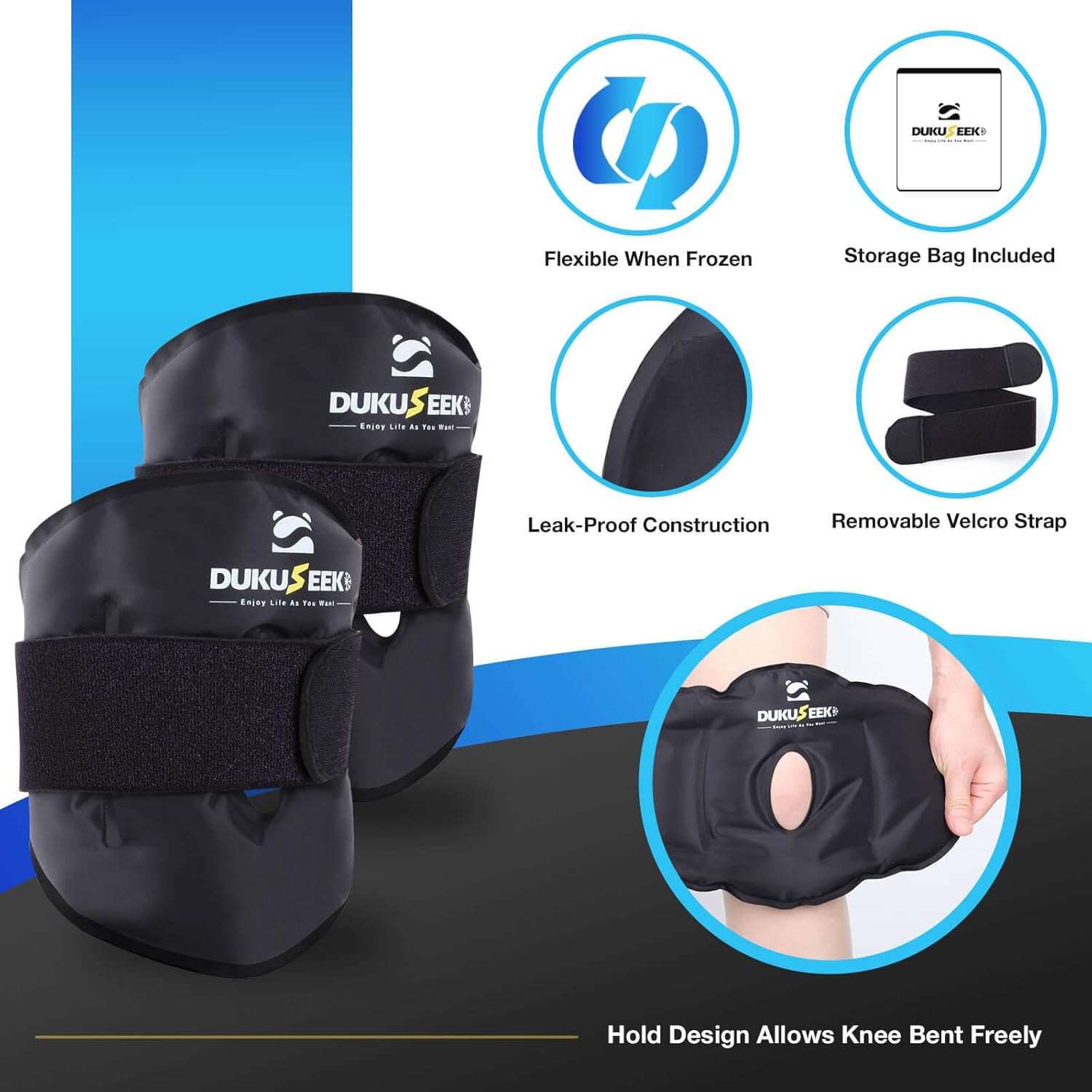 DUKUSEEK Envoltura de hielo de rodilla para lesiones reutilizable, envoltura de rodilla de hielo con compresión fría para recuperación de cirugía de